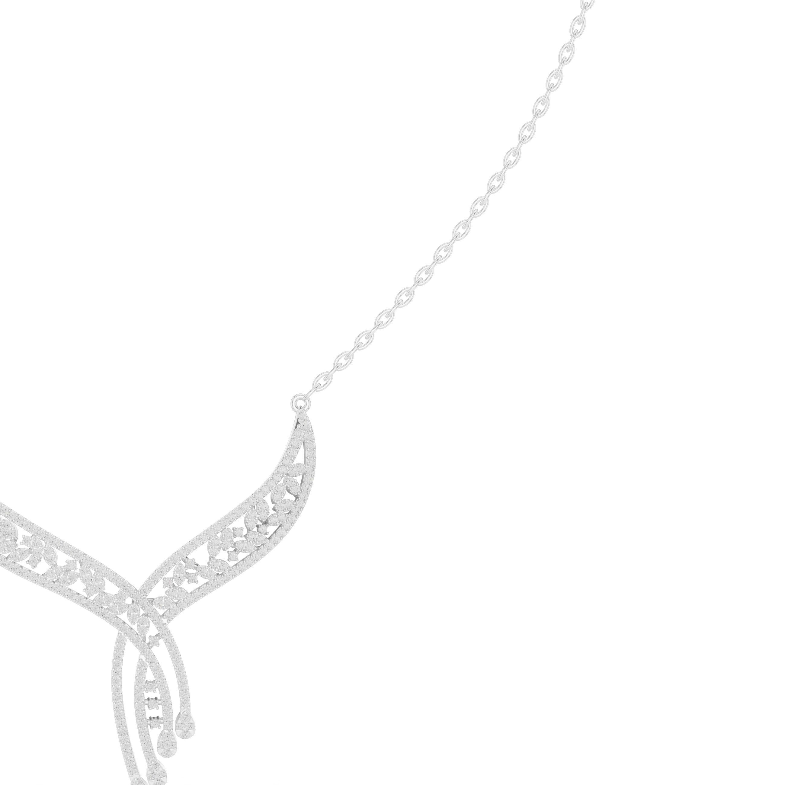 Floral filigree V shape diamond necklace with open leaf design and drop accent