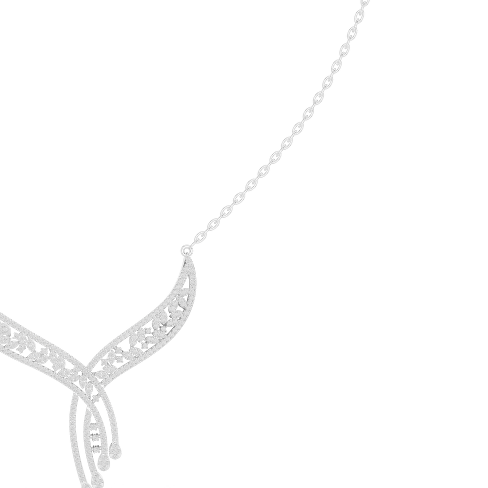 Floral filigree V shape diamond necklace with open leaf design and drop accent