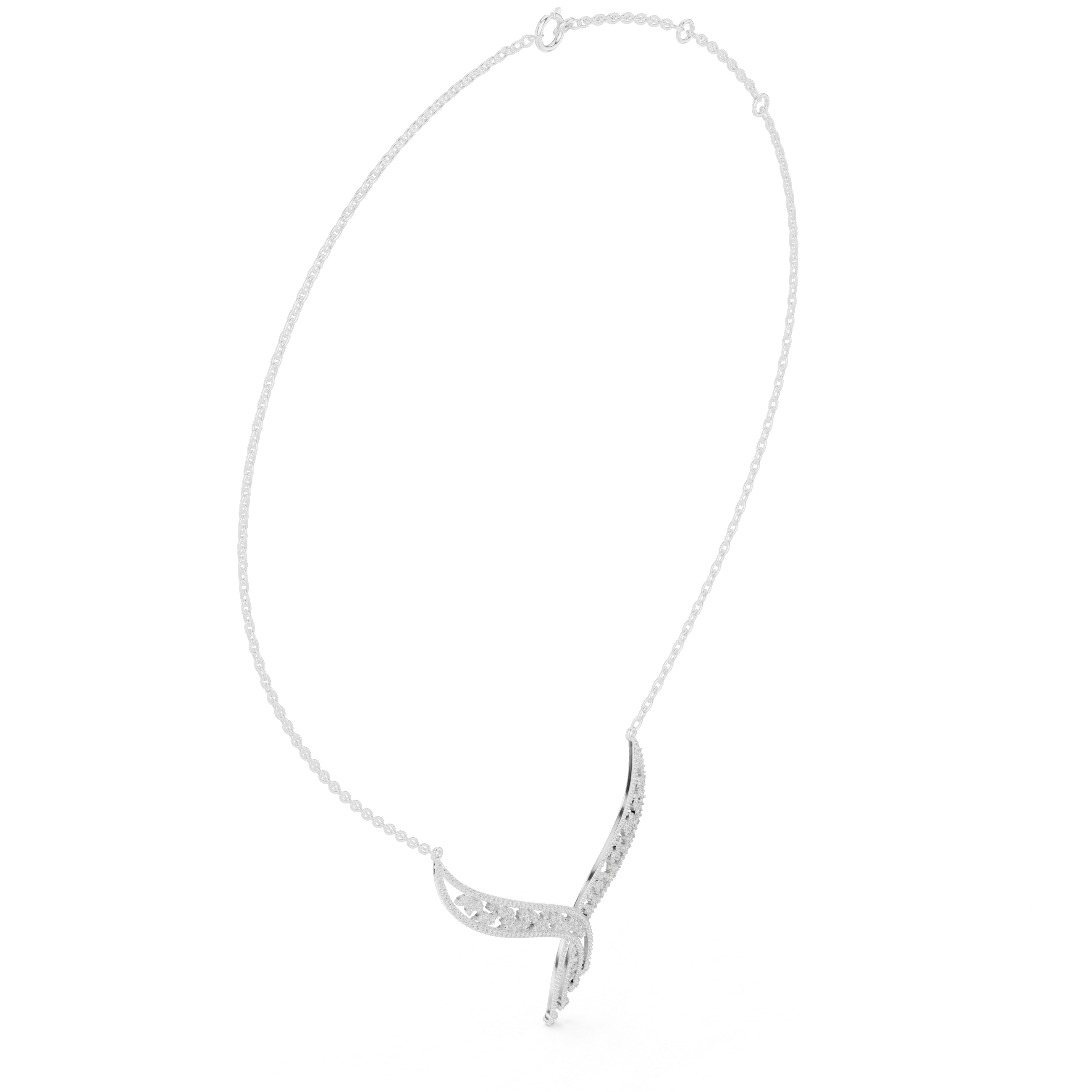 Floral filigree V shape diamond necklace with open leaf design and drop accent