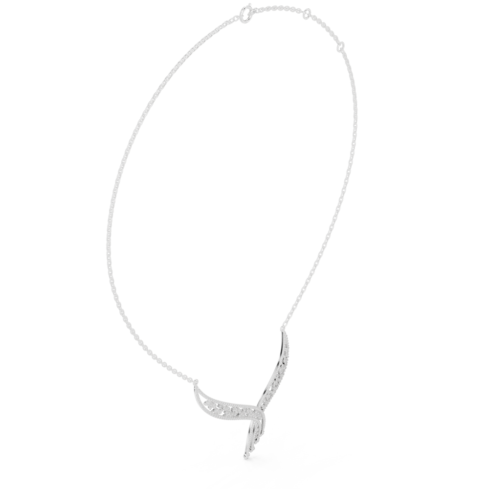 Floral filigree V shape diamond necklace with open leaf design and drop accent