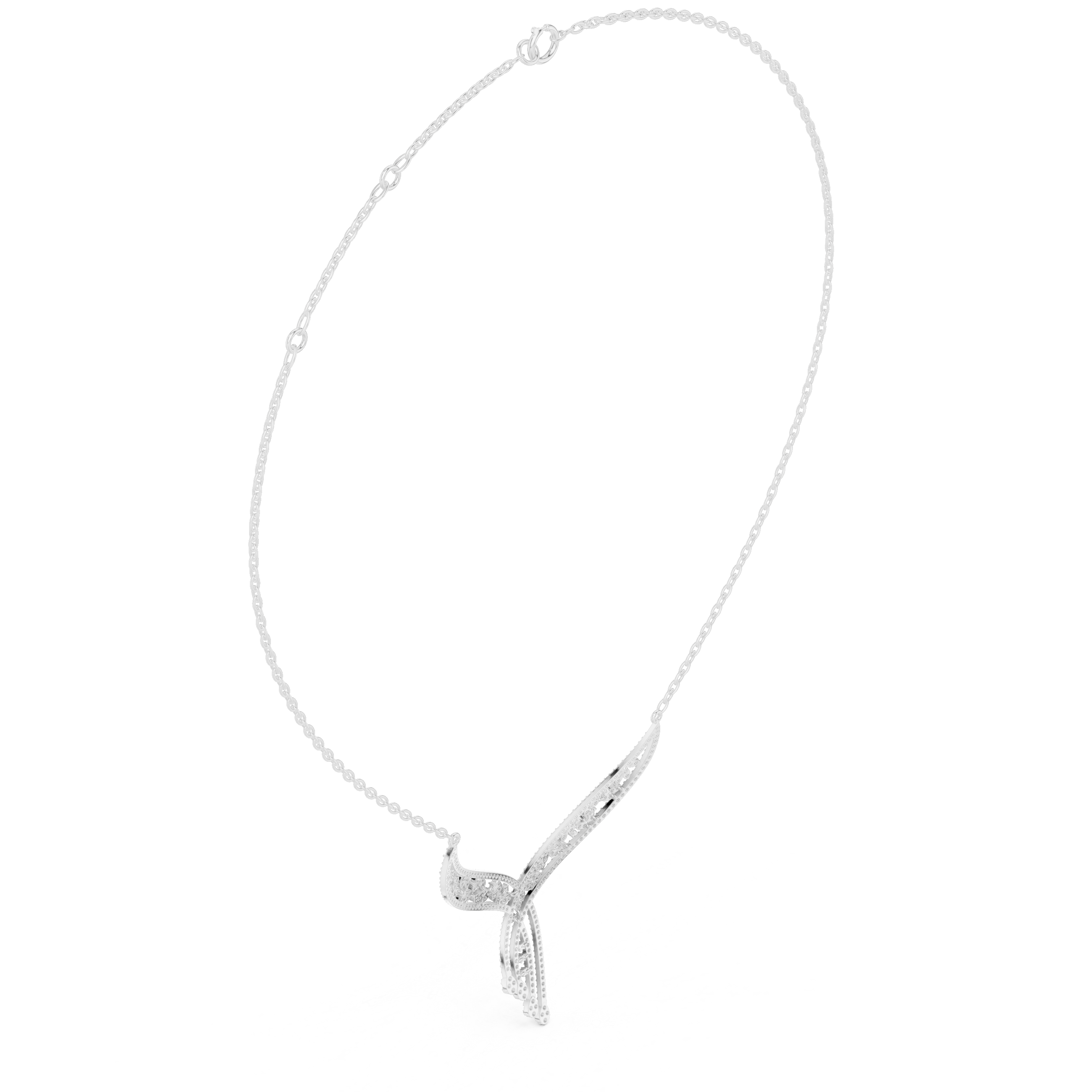 Floral filigree V shape diamond necklace with open leaf design and drop accent