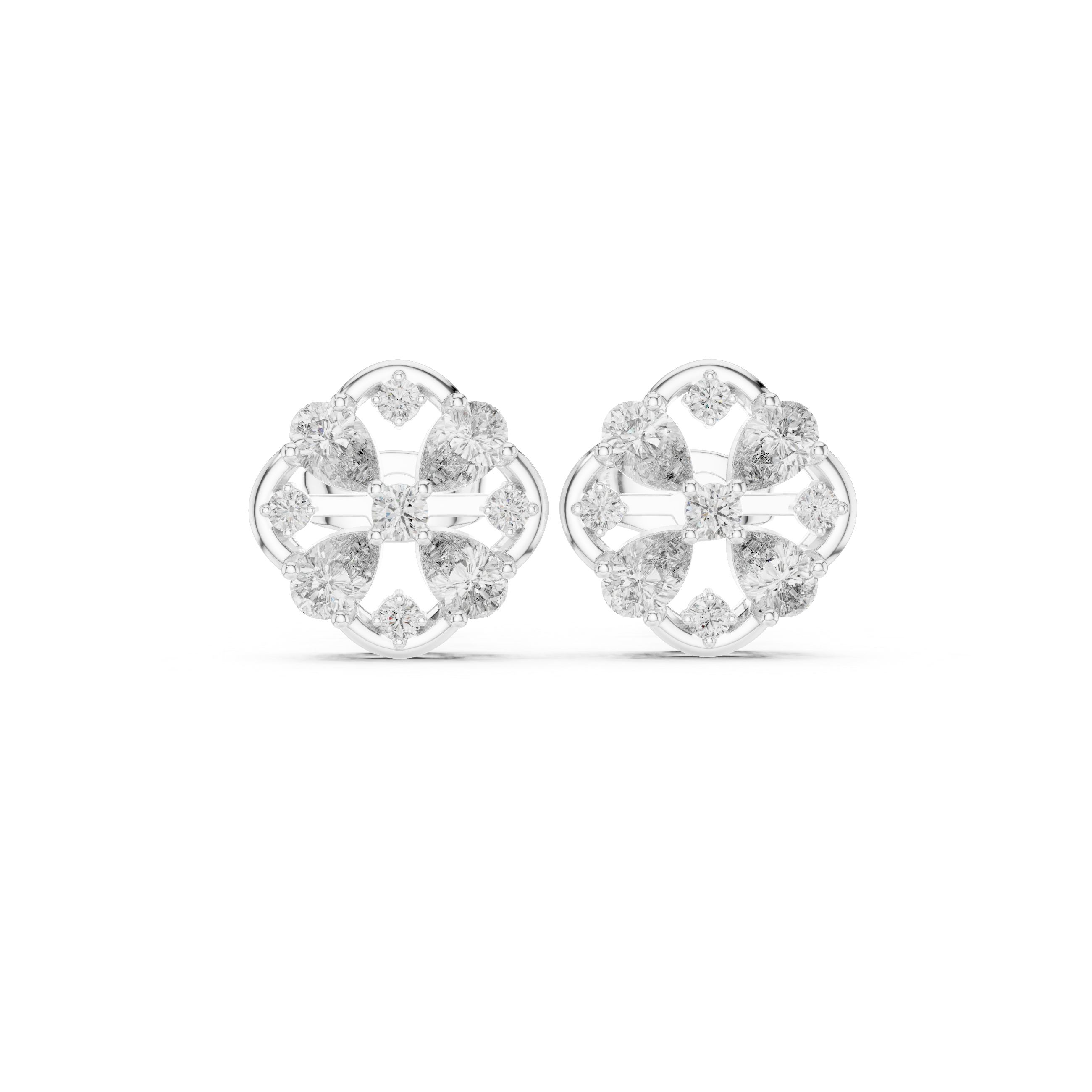 Round brilliant cluster stud earrings with an open floral lattice cross pattern within a circular frame