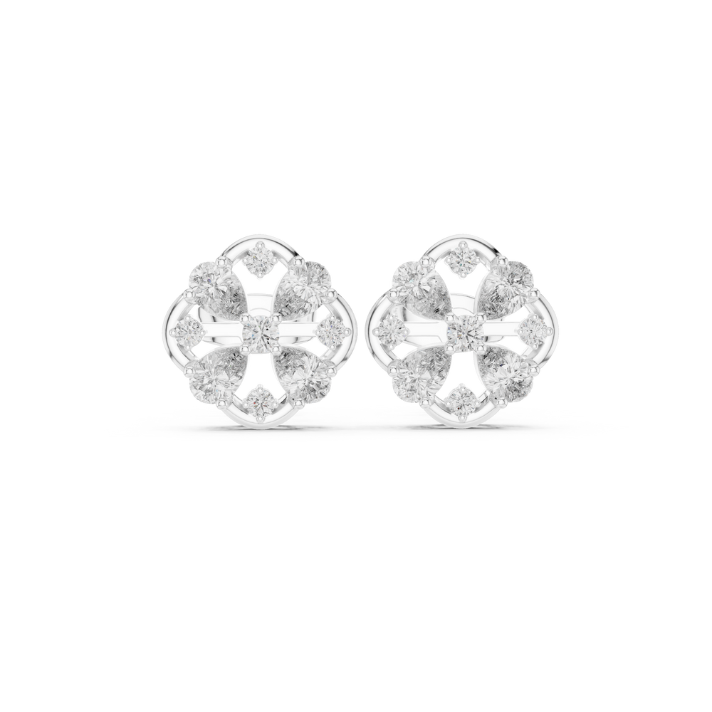 Round brilliant cluster stud earrings with an open floral lattice cross pattern within a circular frame