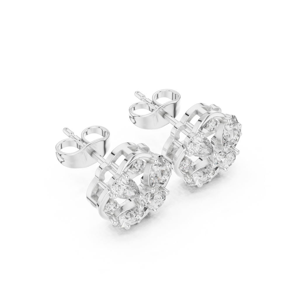 Round brilliant cluster stud earrings with an open floral lattice cross pattern within a circular frame