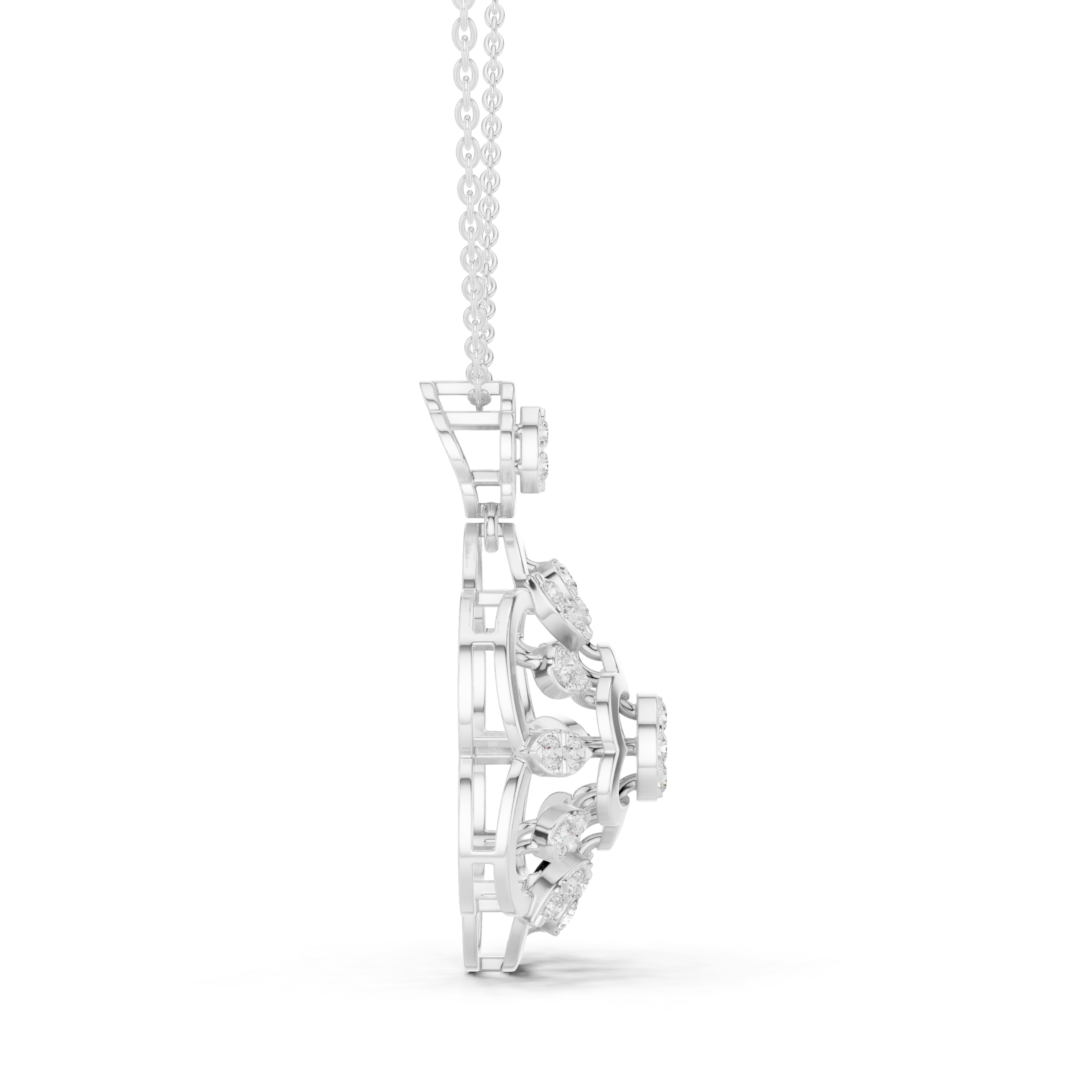 Silver chain necklace with open floral mandala pendant featuring diamond cluster center and pear-cut accents