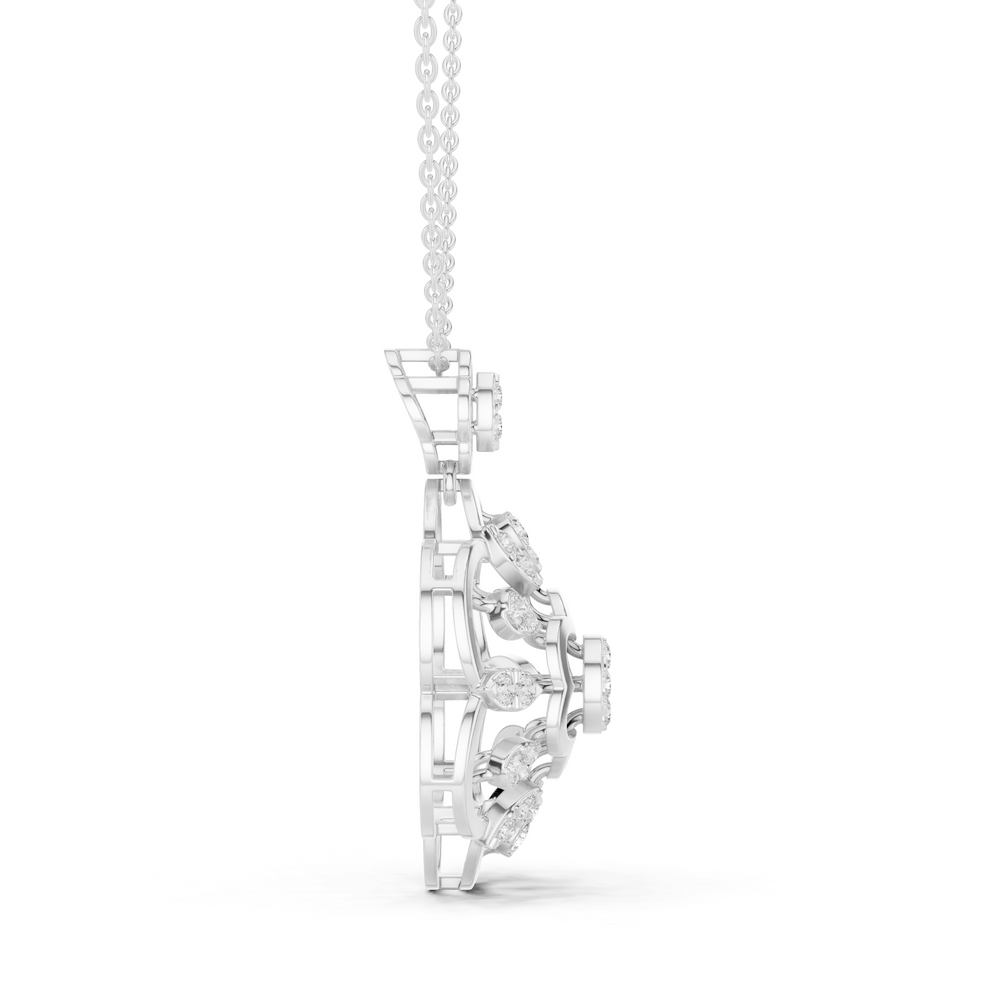 Silver chain necklace with open floral mandala pendant featuring diamond cluster center and pear-cut accents