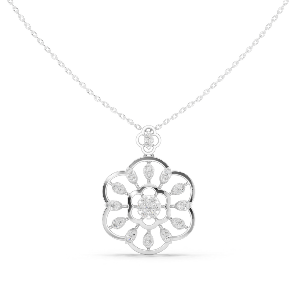 Silver chain necklace with open floral mandala pendant featuring diamond cluster center and pear-cut accents