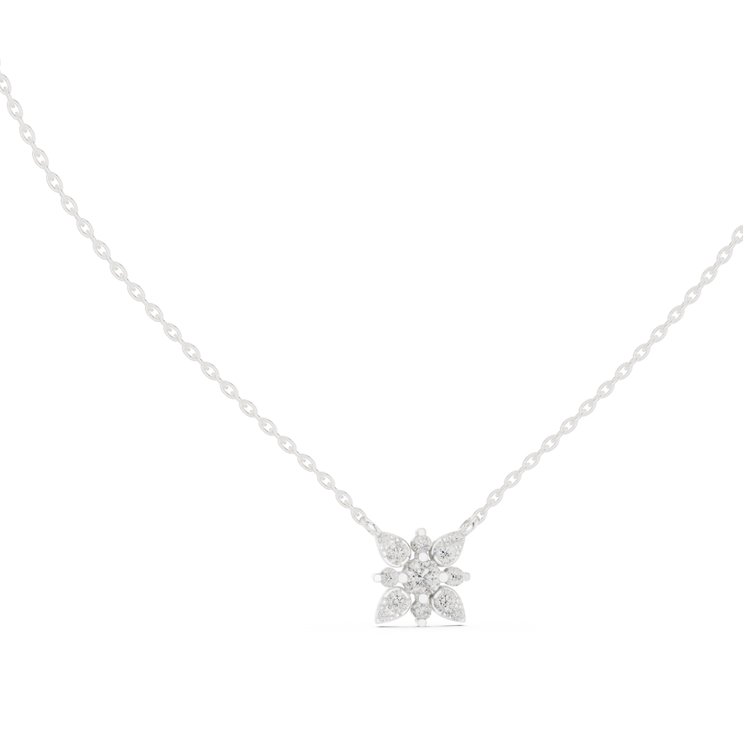 Floral marquise diamond pendant necklace with round brilliant centre stone