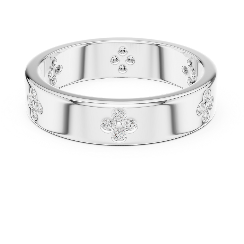 Floral motif diamond band ring with four petal cluster design all around