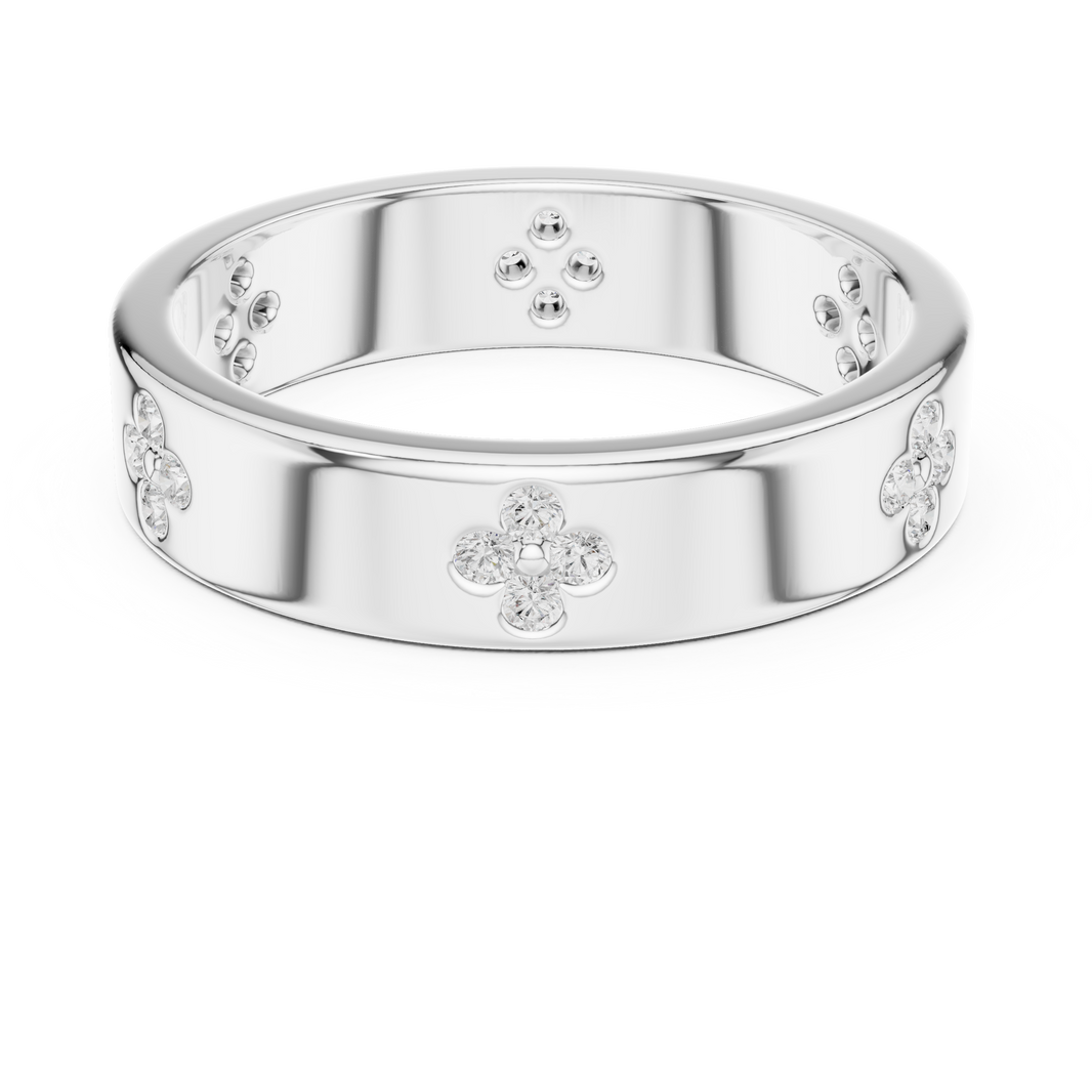 Floral motif diamond band ring with four petal cluster design all around