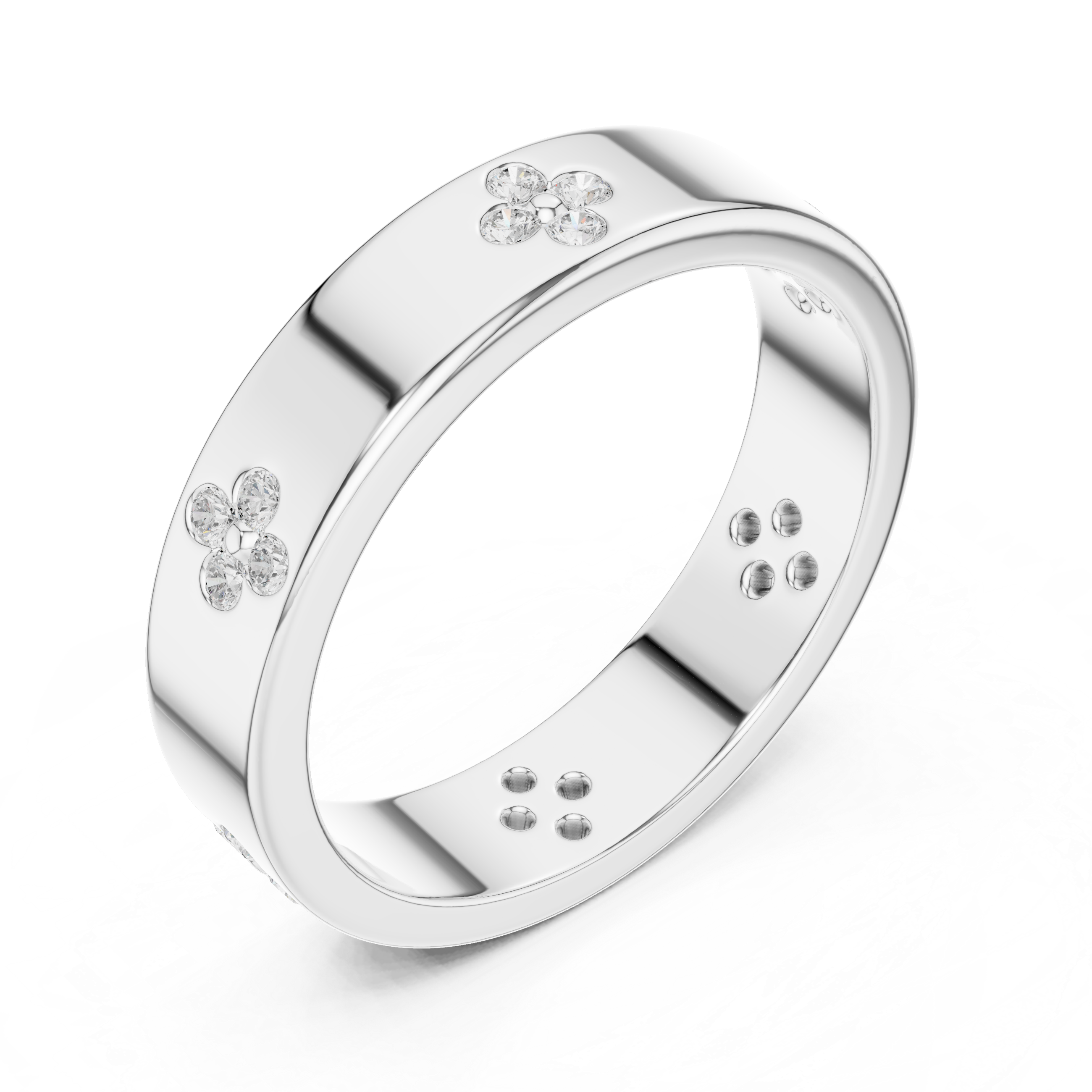 Floral motif diamond band ring with four petal cluster design all around