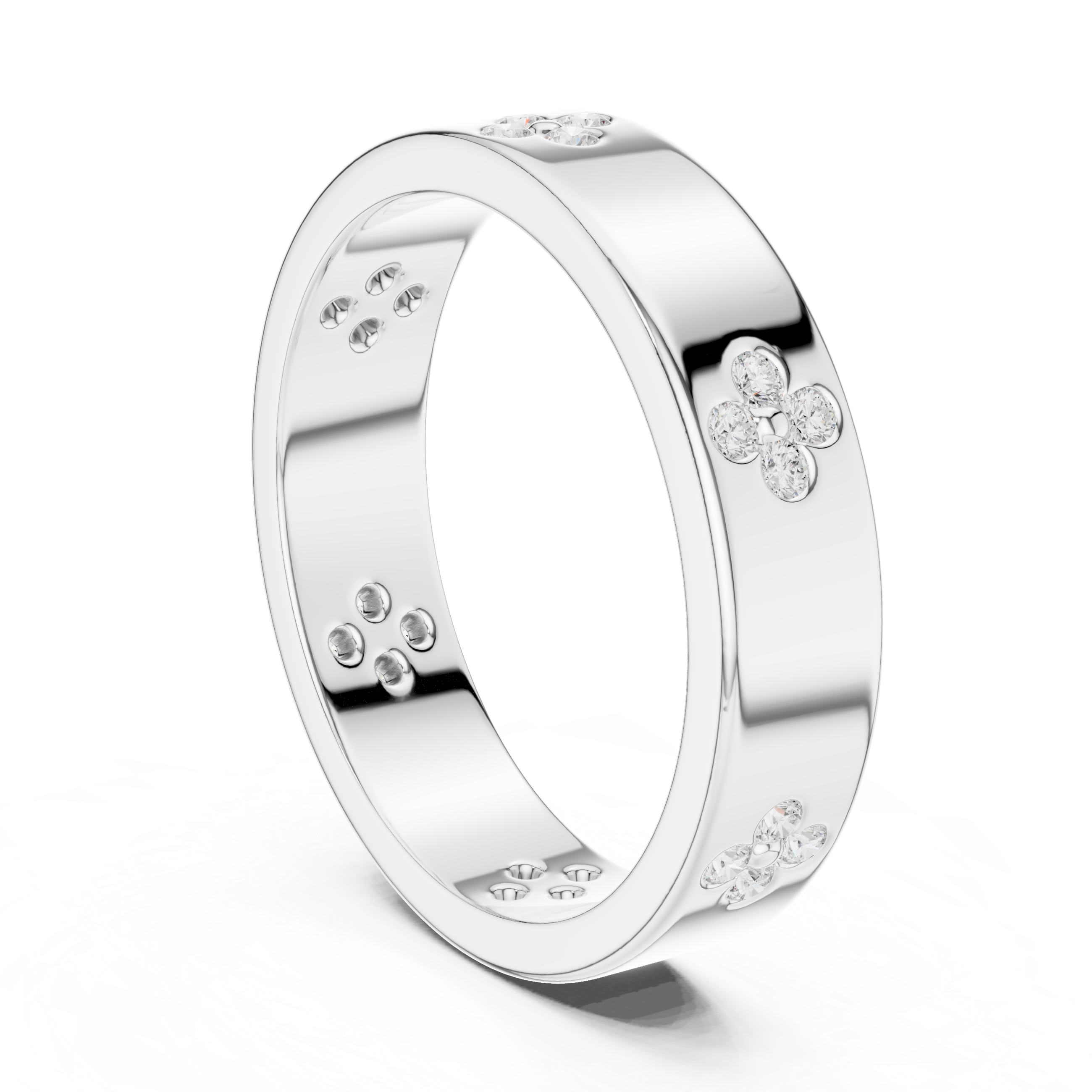 Floral motif diamond band ring with four petal cluster design all around