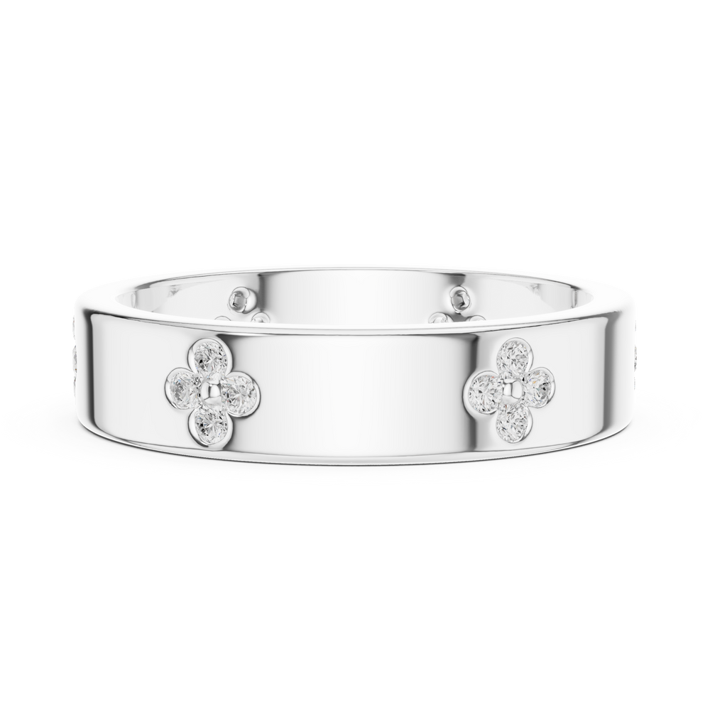 Floral motif diamond band ring with four petal cluster design all around