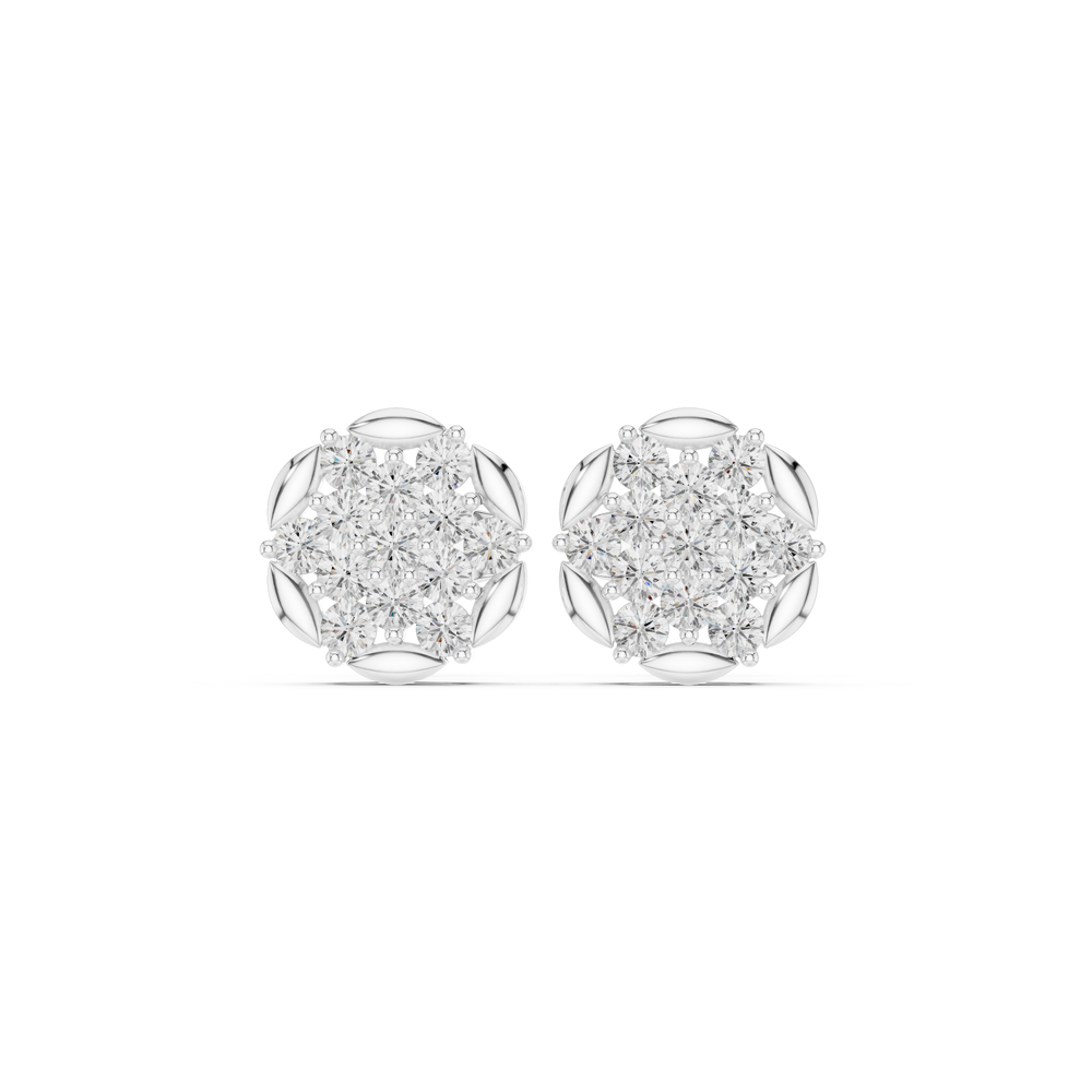 Round brilliant cluster stud earrings with polished open petal accents around the circular border