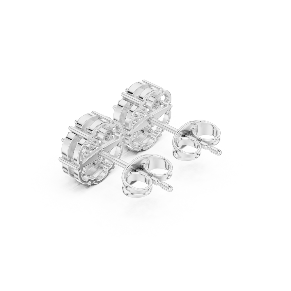 Round brilliant cluster stud earrings with polished open petal accents around the circular border
