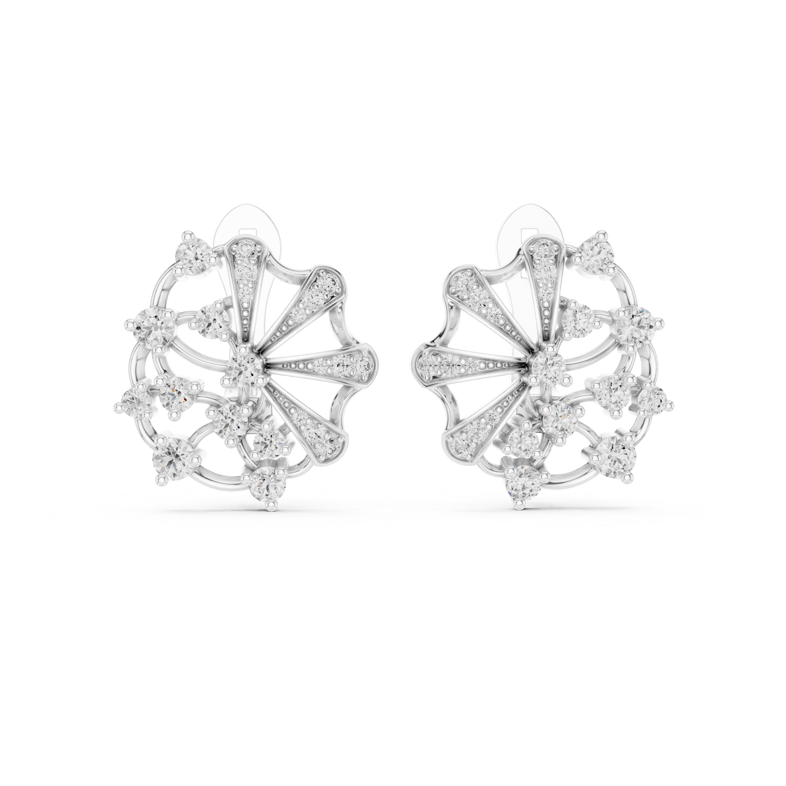 Floral pinwheel pave diamond earrings with cluster centre and clip back setting