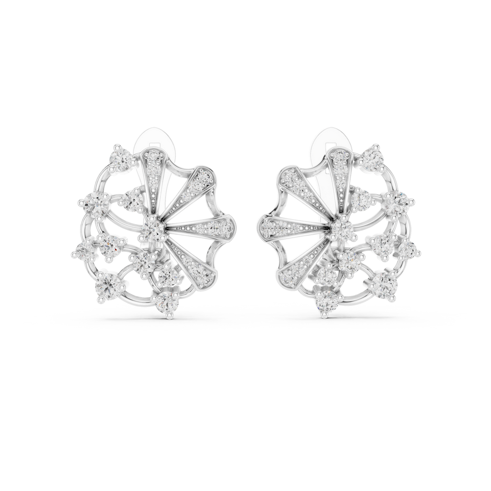 Floral pinwheel pave diamond earrings with cluster centre and clip back setting