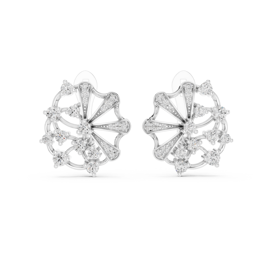 Floral pinwheel pave diamond earrings with cluster centre and clip back setting
