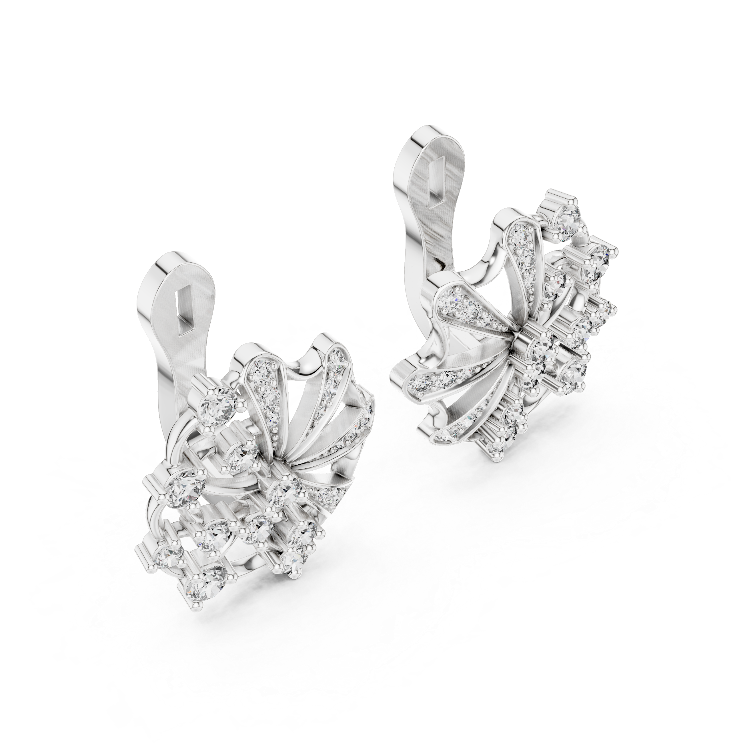Floral pinwheel pave diamond earrings with cluster centre and clip back setting