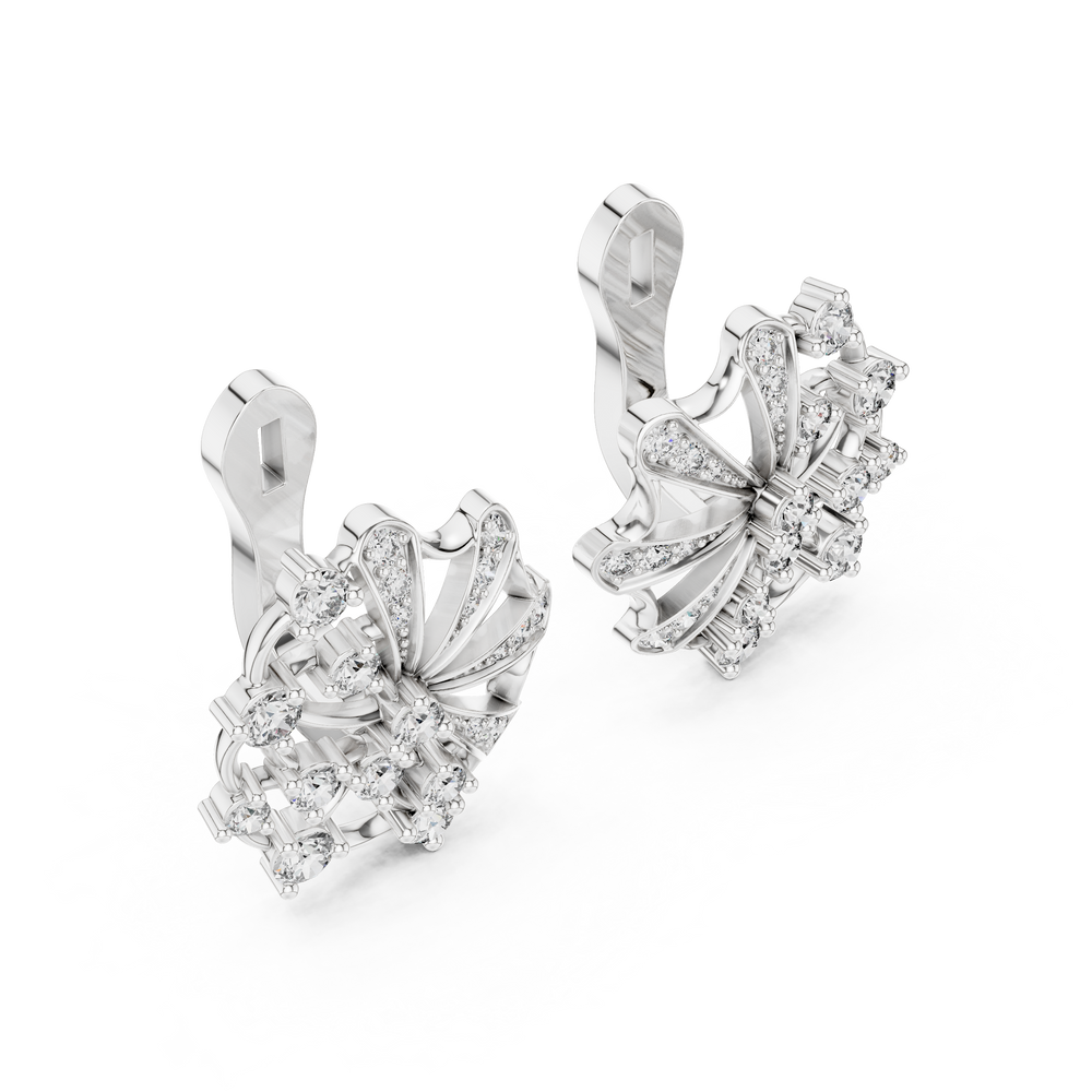 Floral pinwheel pave diamond earrings with cluster centre and clip back setting