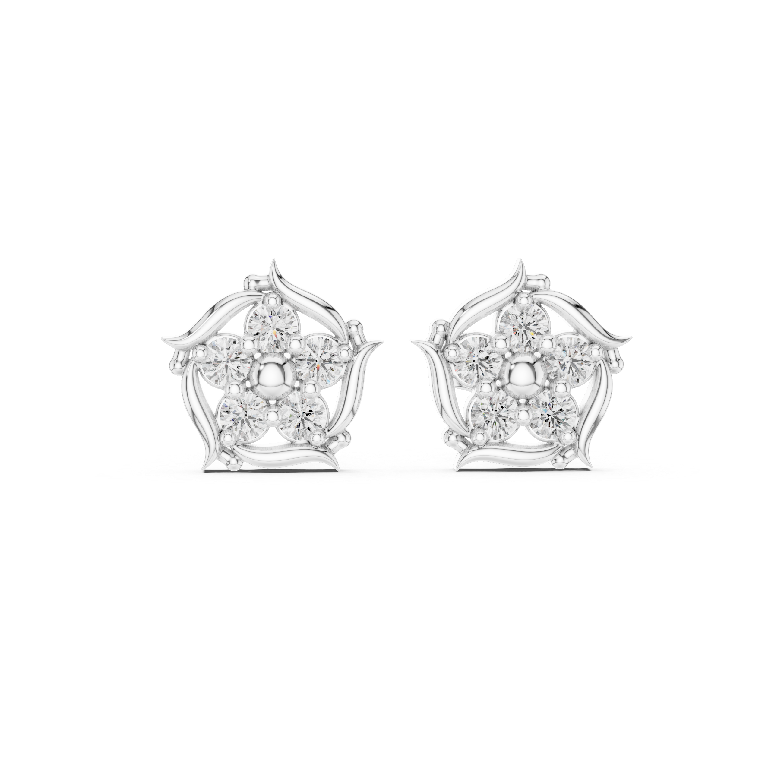 Floral star leaf frame stud earrings with round stone five petal flower cluster inside an open curved leaf star frame