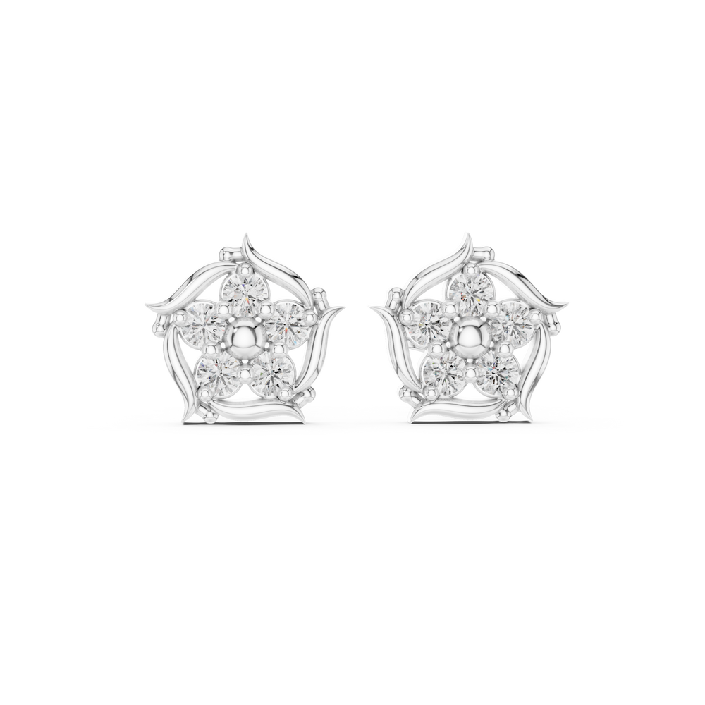 Floral star leaf frame stud earrings with round stone five petal flower cluster inside an open curved leaf star frame