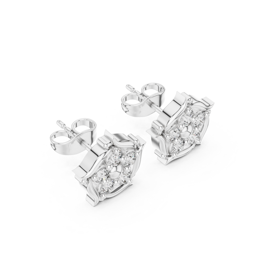 Floral star leaf frame stud earrings with round stone five petal flower cluster inside an open curved leaf star frame