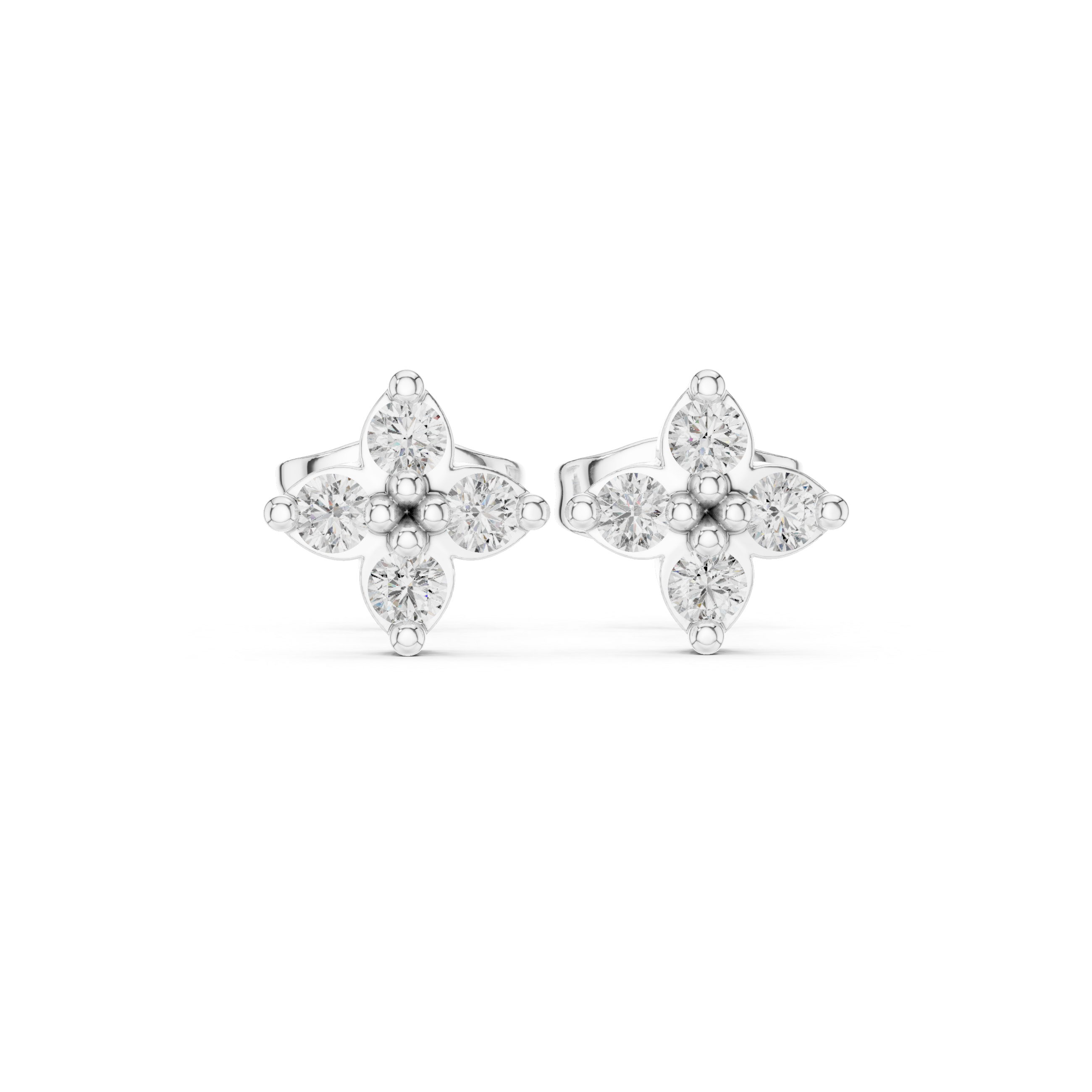 Four petal floral cluster stud earrings with round stones in a pointed petal flower design