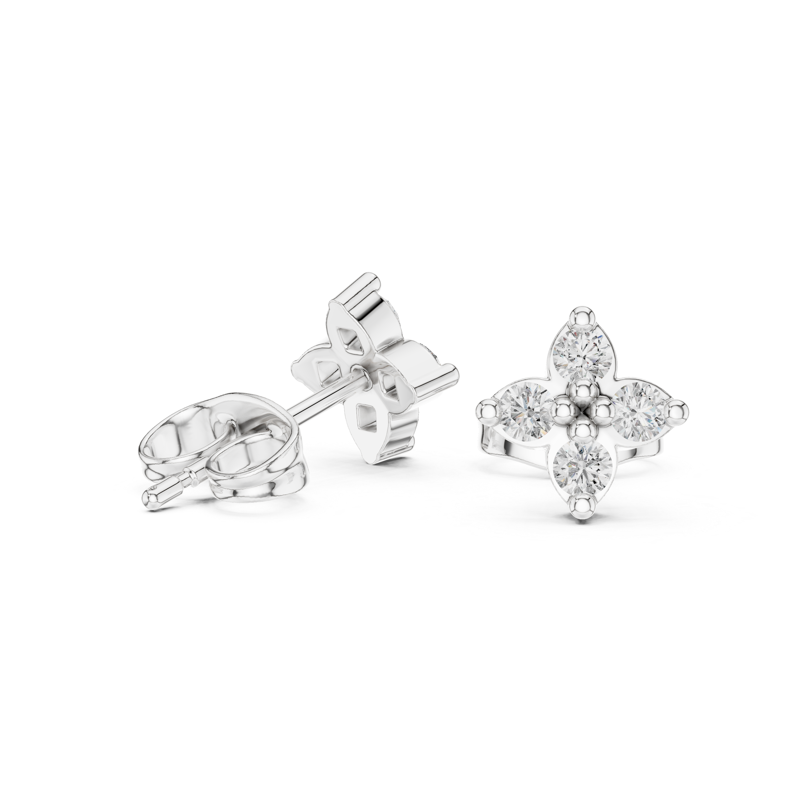 Four petal floral cluster stud earrings with round stones in a pointed petal flower design