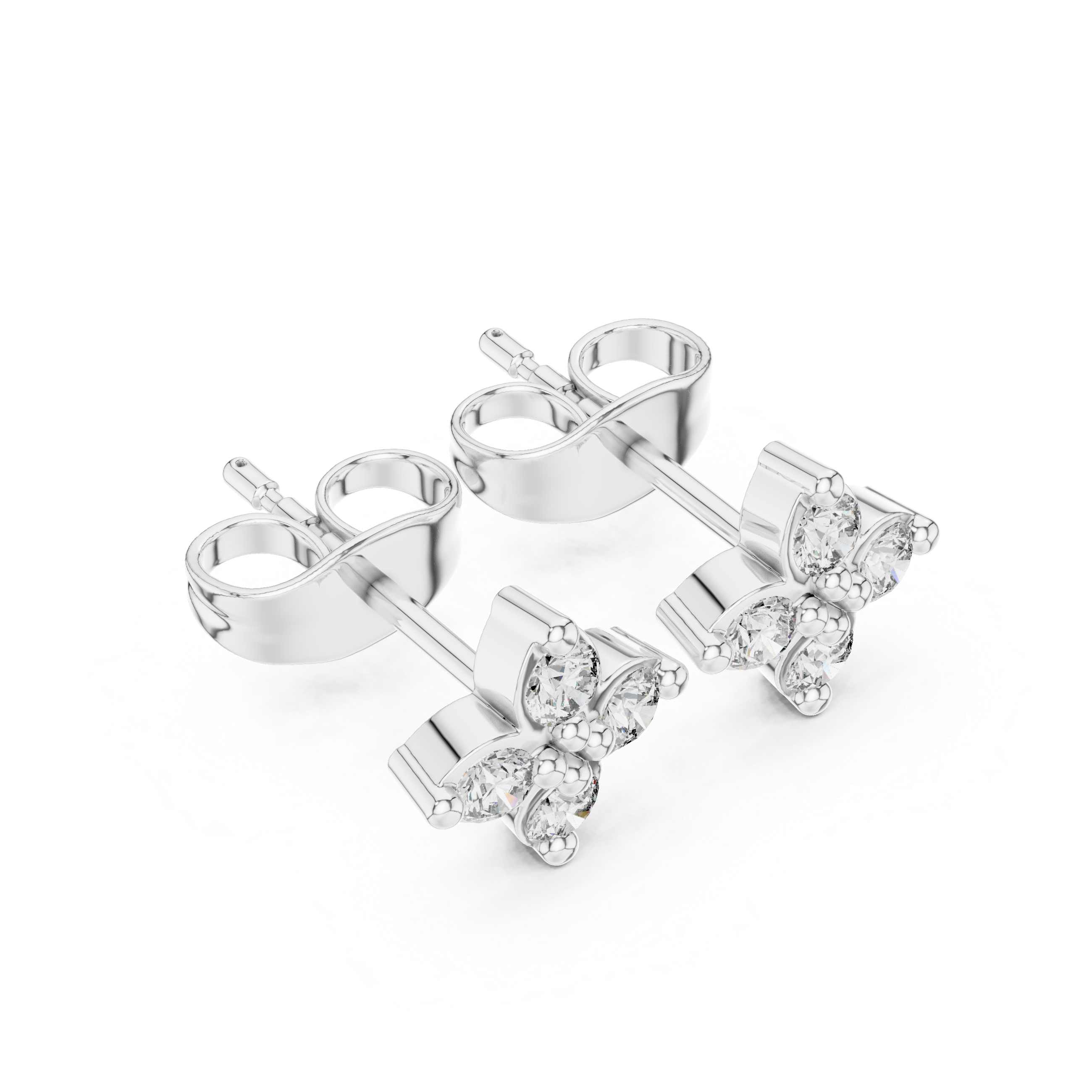 Four petal floral cluster stud earrings with round stones in a pointed petal flower design