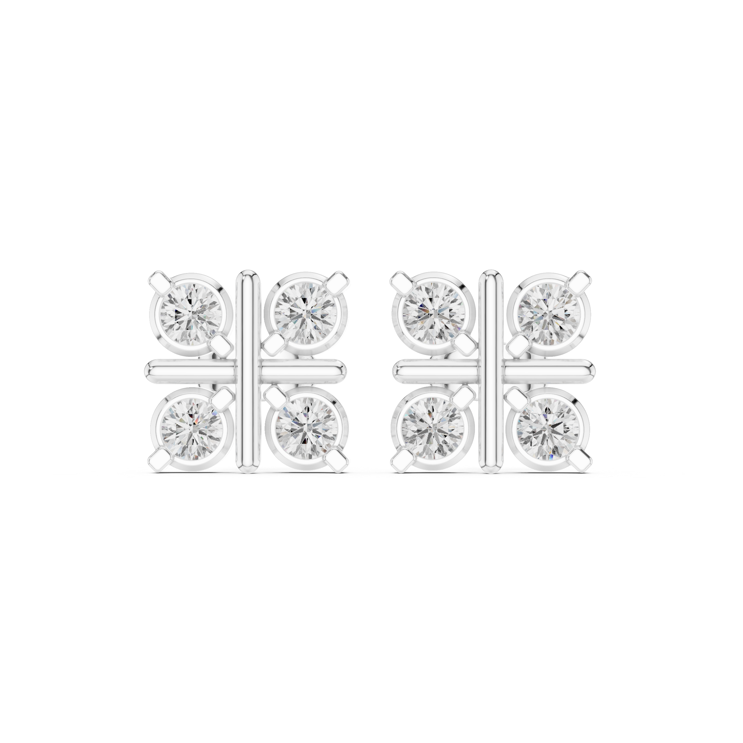 Four round brilliant stones in a square arrangement divided by polished cross bar lines