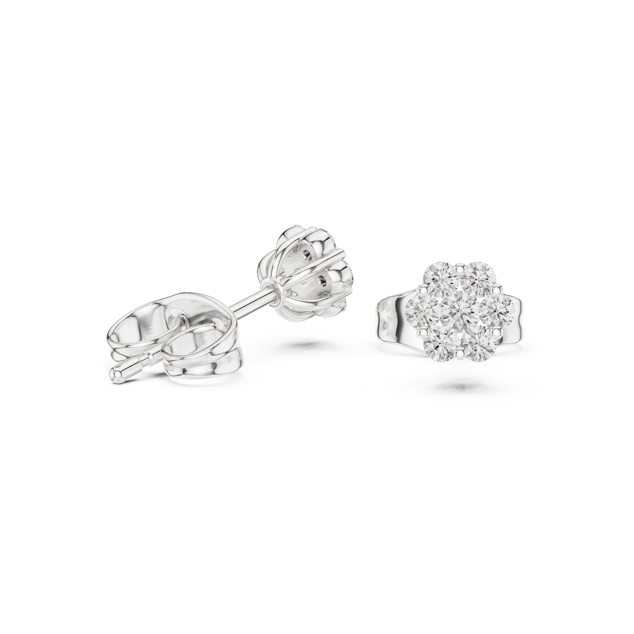 Four round brilliant prong-set stones arranged in a floral cluster stud earring