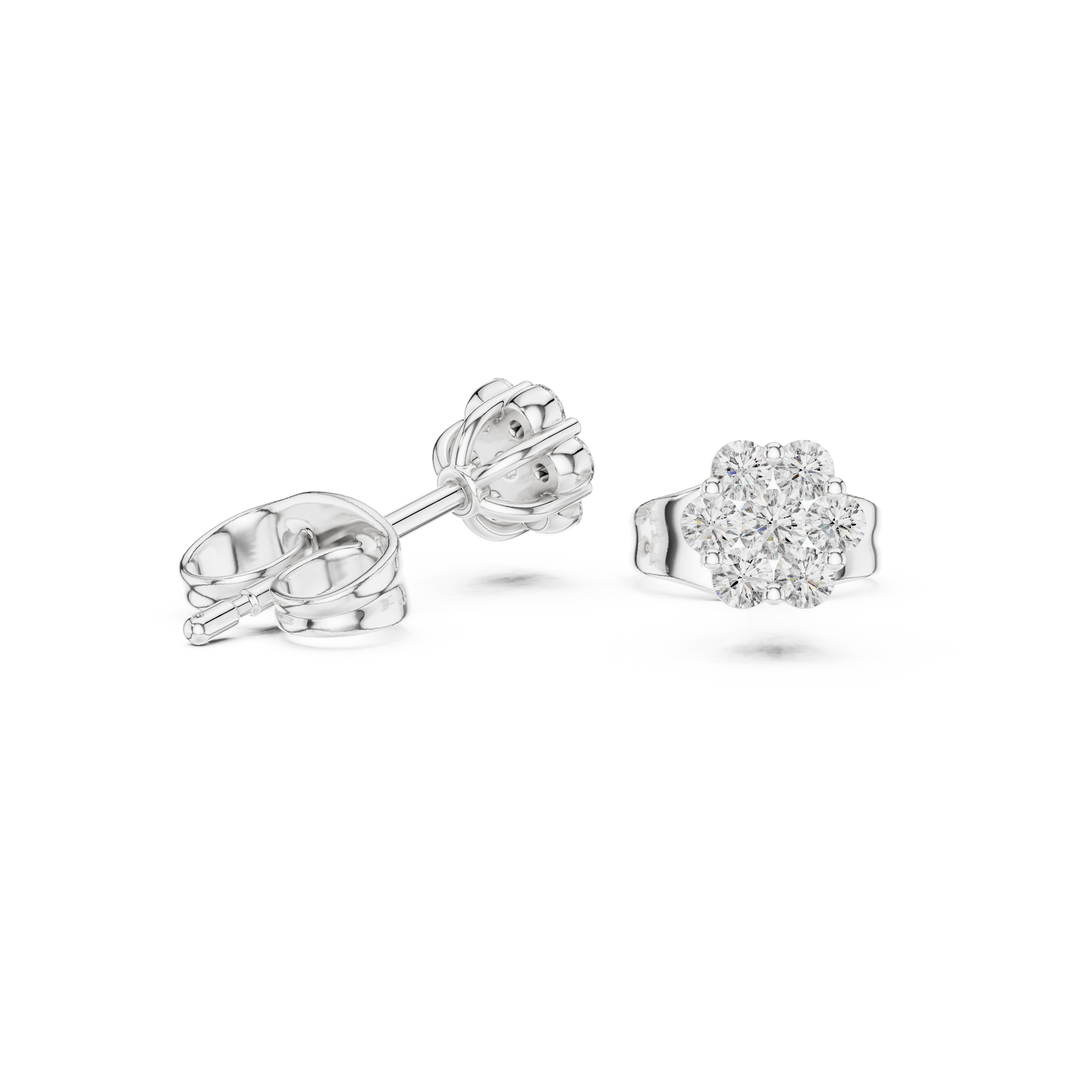 Four round brilliant prong-set stones arranged in a floral cluster stud earring