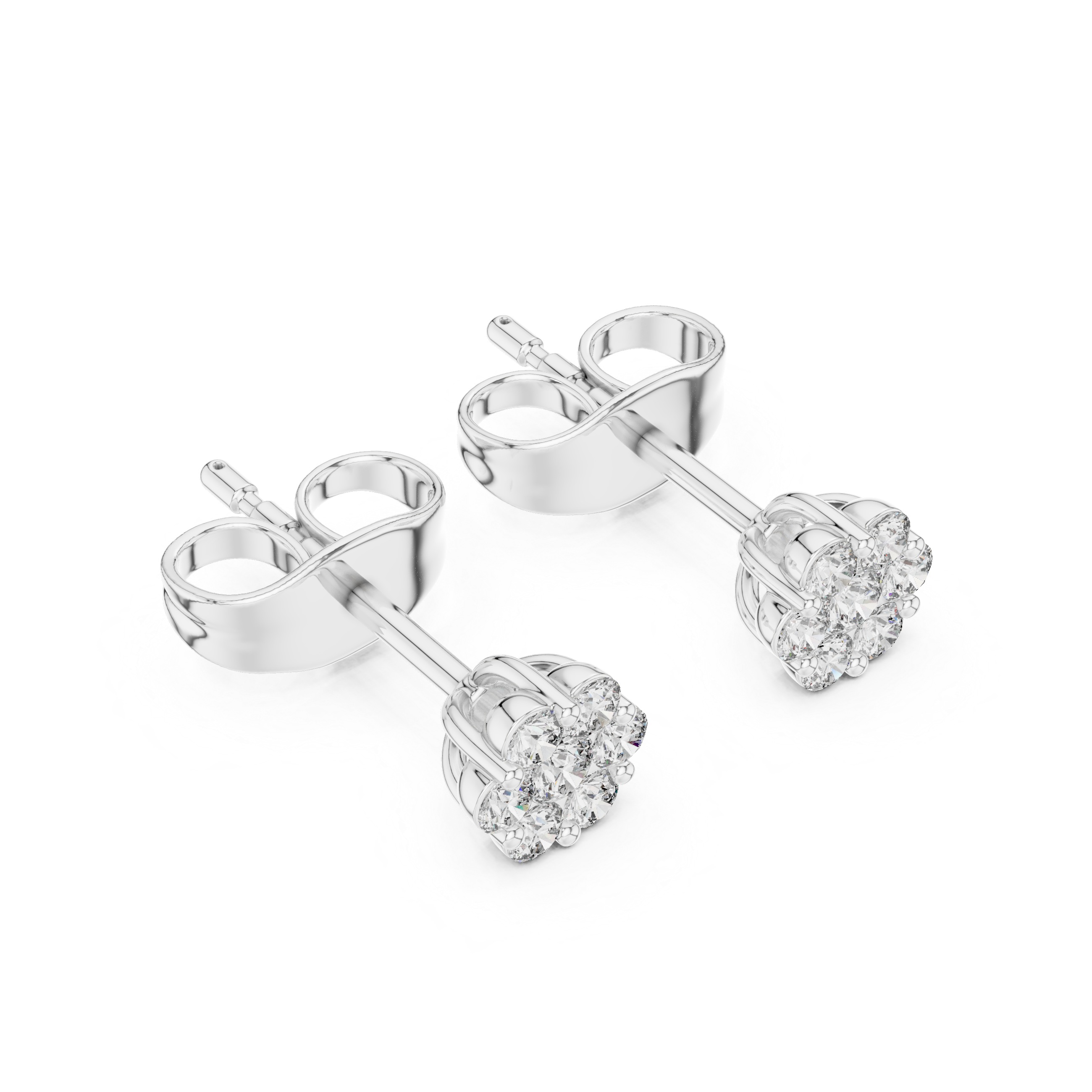 Four round brilliant prong-set stones arranged in a floral cluster stud earring