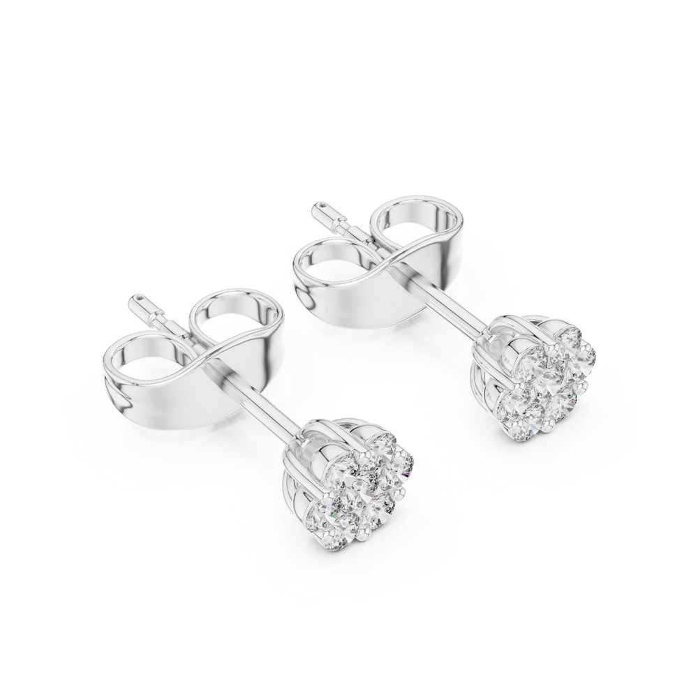 Four round brilliant prong-set stones arranged in a floral cluster stud earring