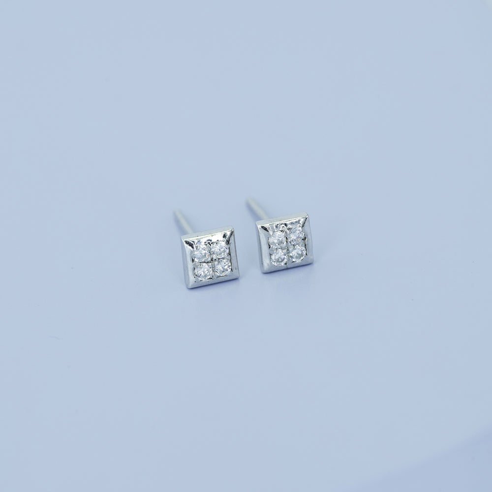 Four stone square cluster stud earrings with tilted diamond shape flat frame