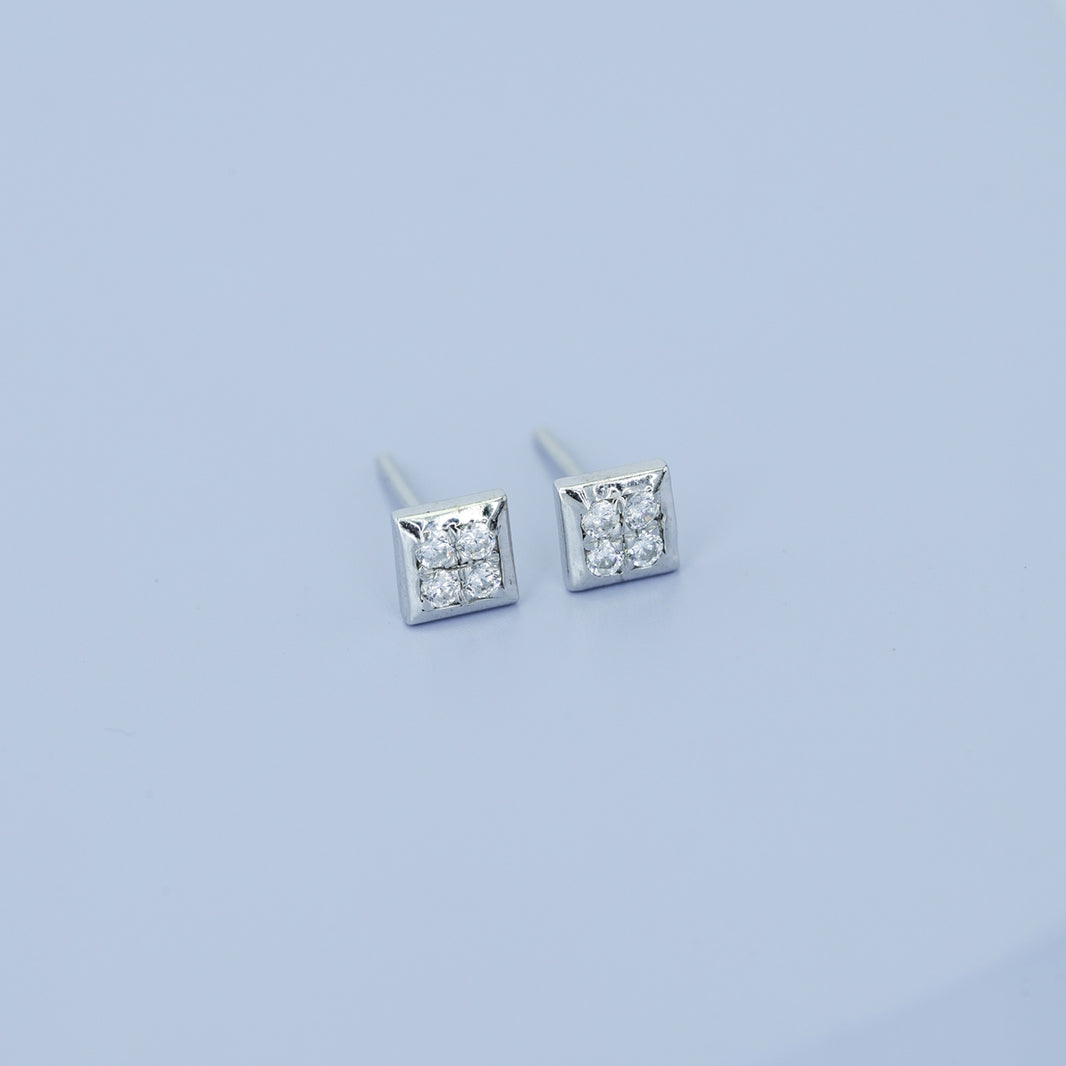Four stone square cluster stud earrings with tilted diamond shape flat frame