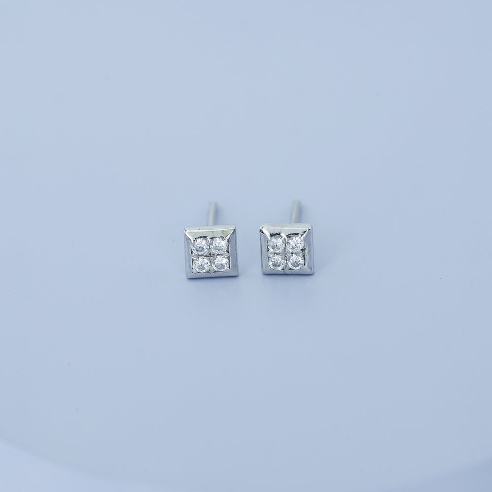 Four stone square cluster stud earrings with tilted diamond shape flat frame