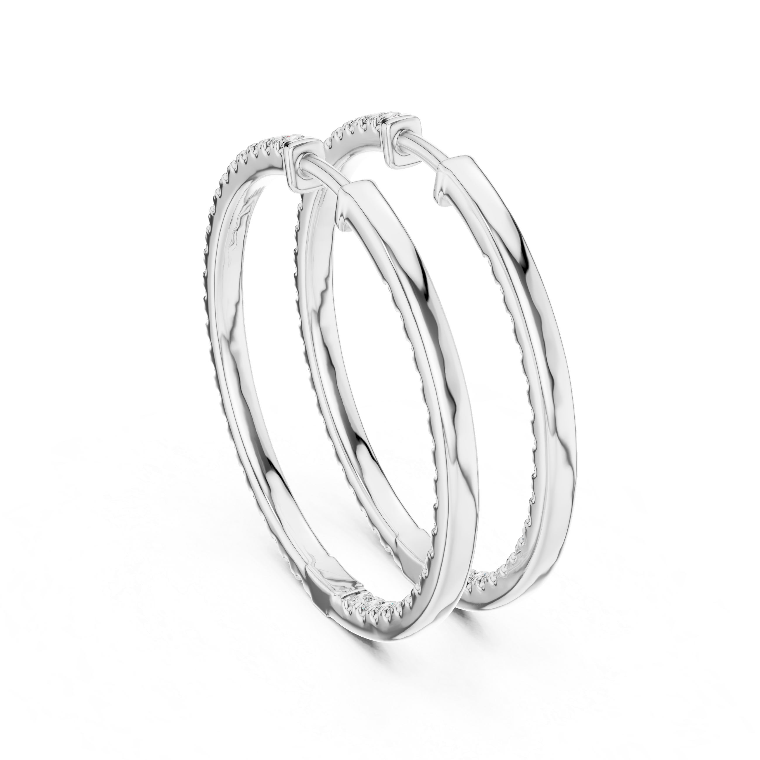 Full pave hoop earrings with double row round stones set all around the hoop