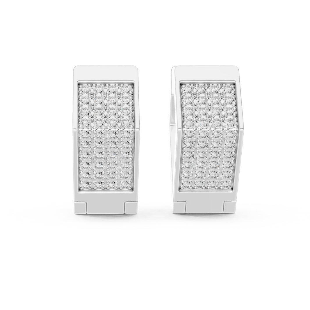 Full pave square block huggie earrings with multi-row round stones covering the entire wide square hoop surface