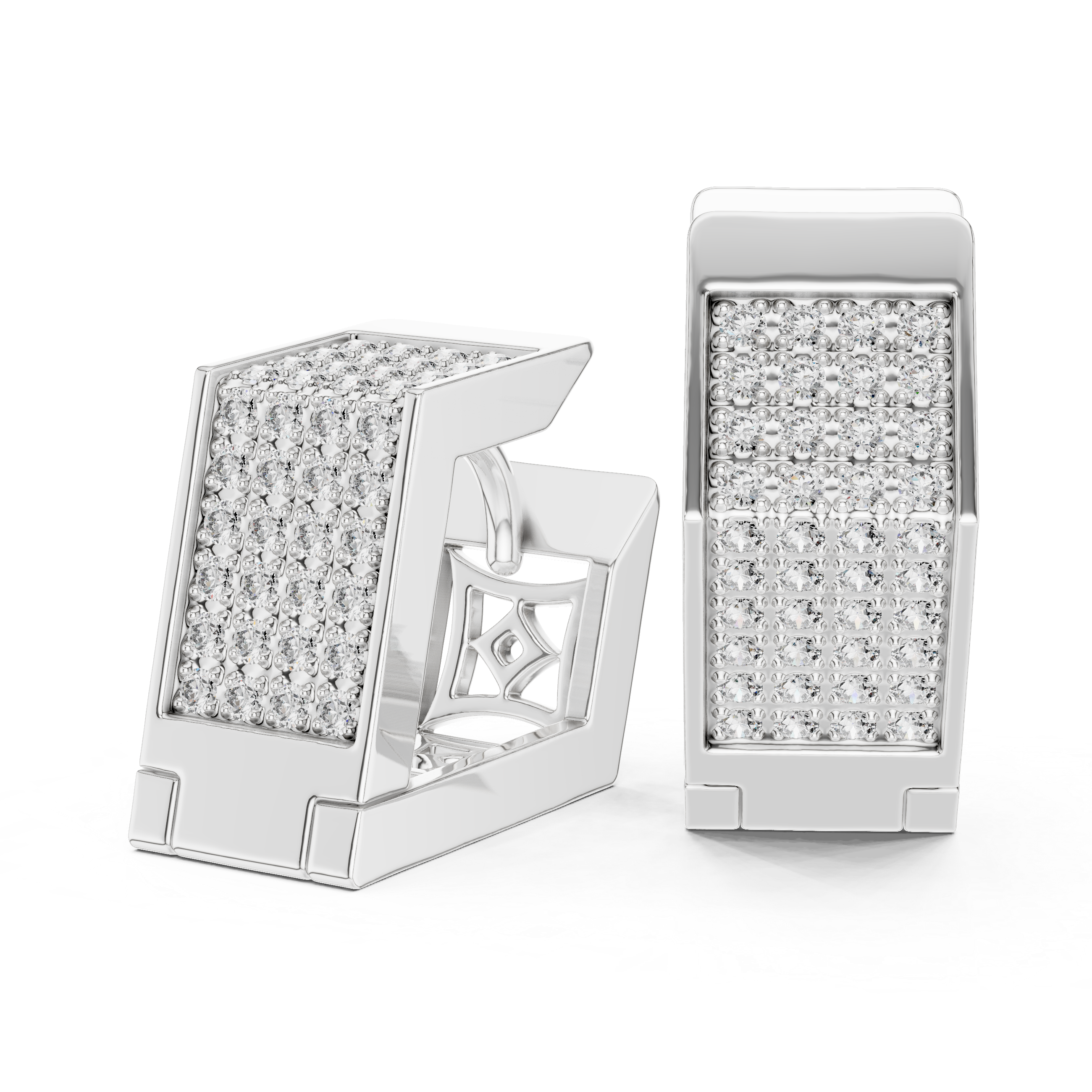 Full pave square block huggie earrings with multi-row round stones covering the entire wide square hoop surface