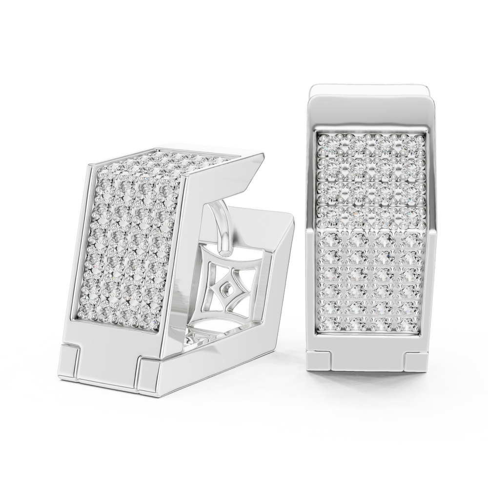 Full pave square block huggie earrings with multi-row round stones covering the entire wide square hoop surface