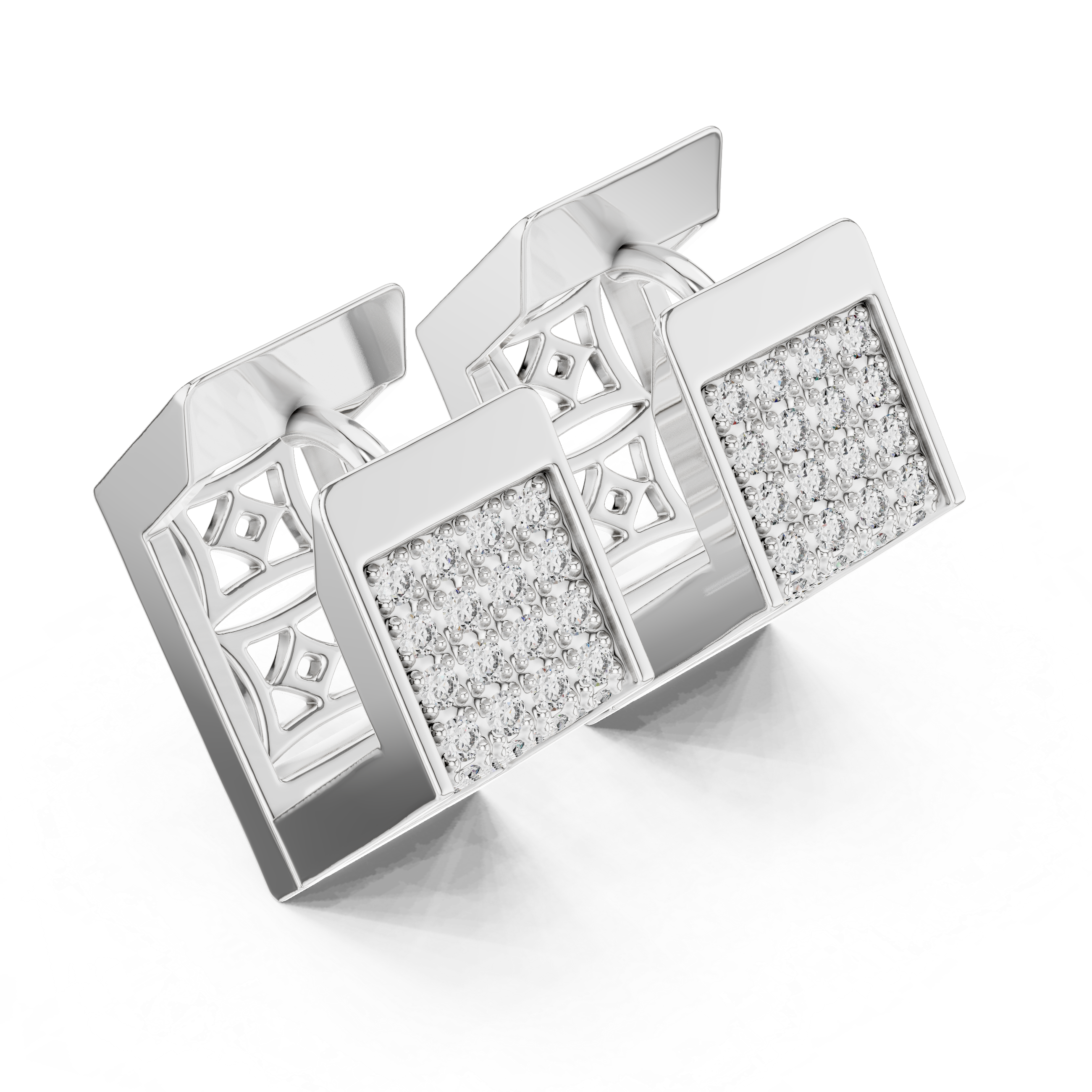 Full pave square block huggie earrings with multi-row round stones covering the entire wide square hoop surface