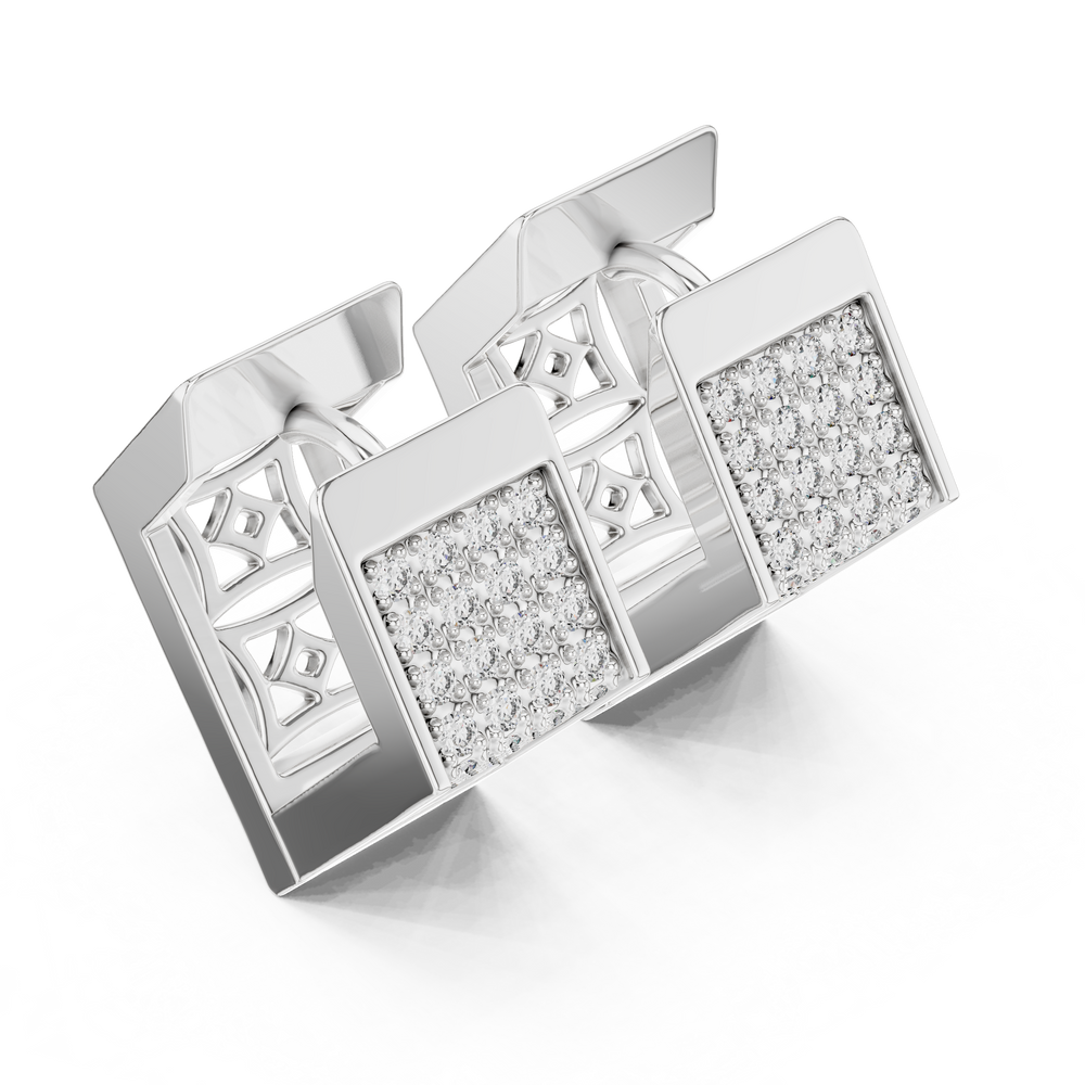 Full pave square block huggie earrings with multi-row round stones covering the entire wide square hoop surface