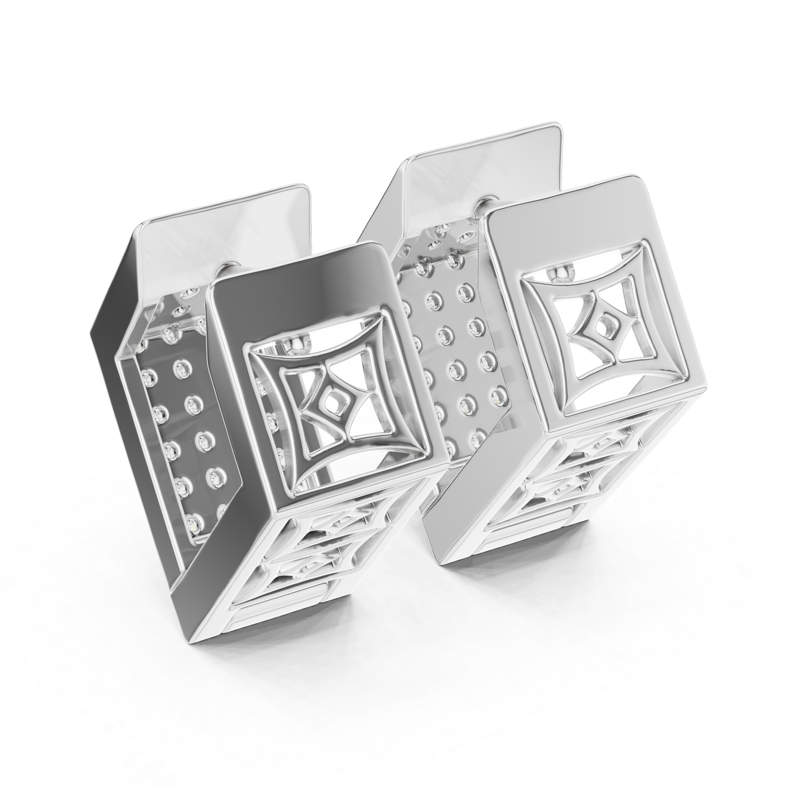 Full pave square block huggie earrings with multi-row round stones covering the entire wide square hoop surface