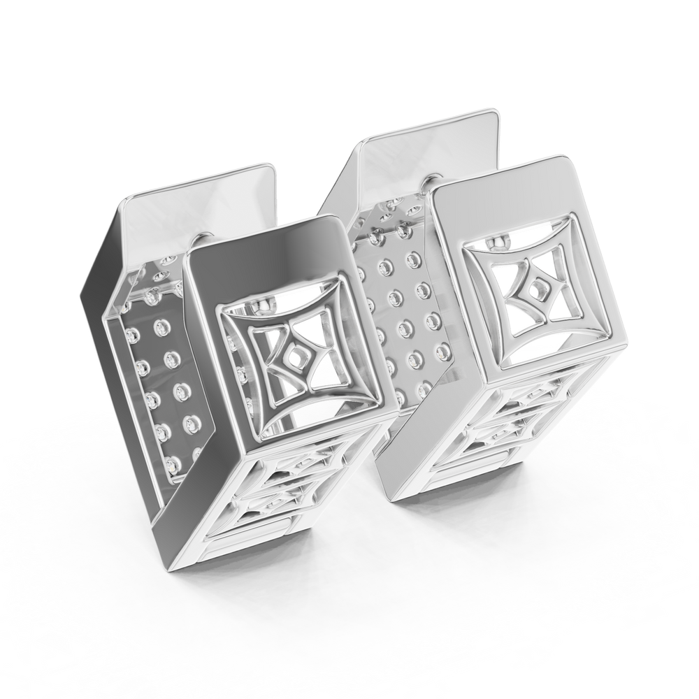 Full pave square block huggie earrings with multi-row round stones covering the entire wide square hoop surface