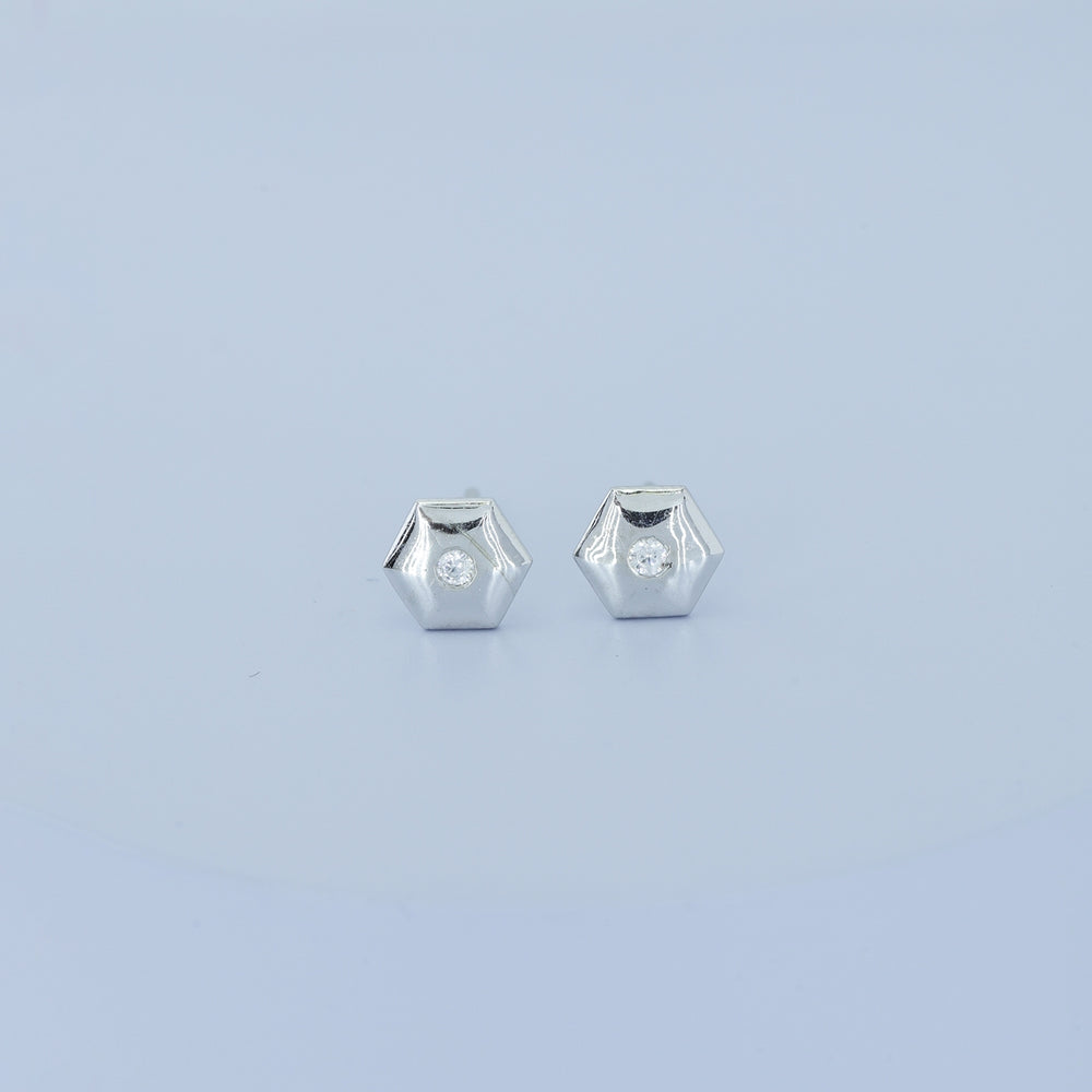 Geometric cube solitaire stud earrings with hexagonal frame and round centre stone