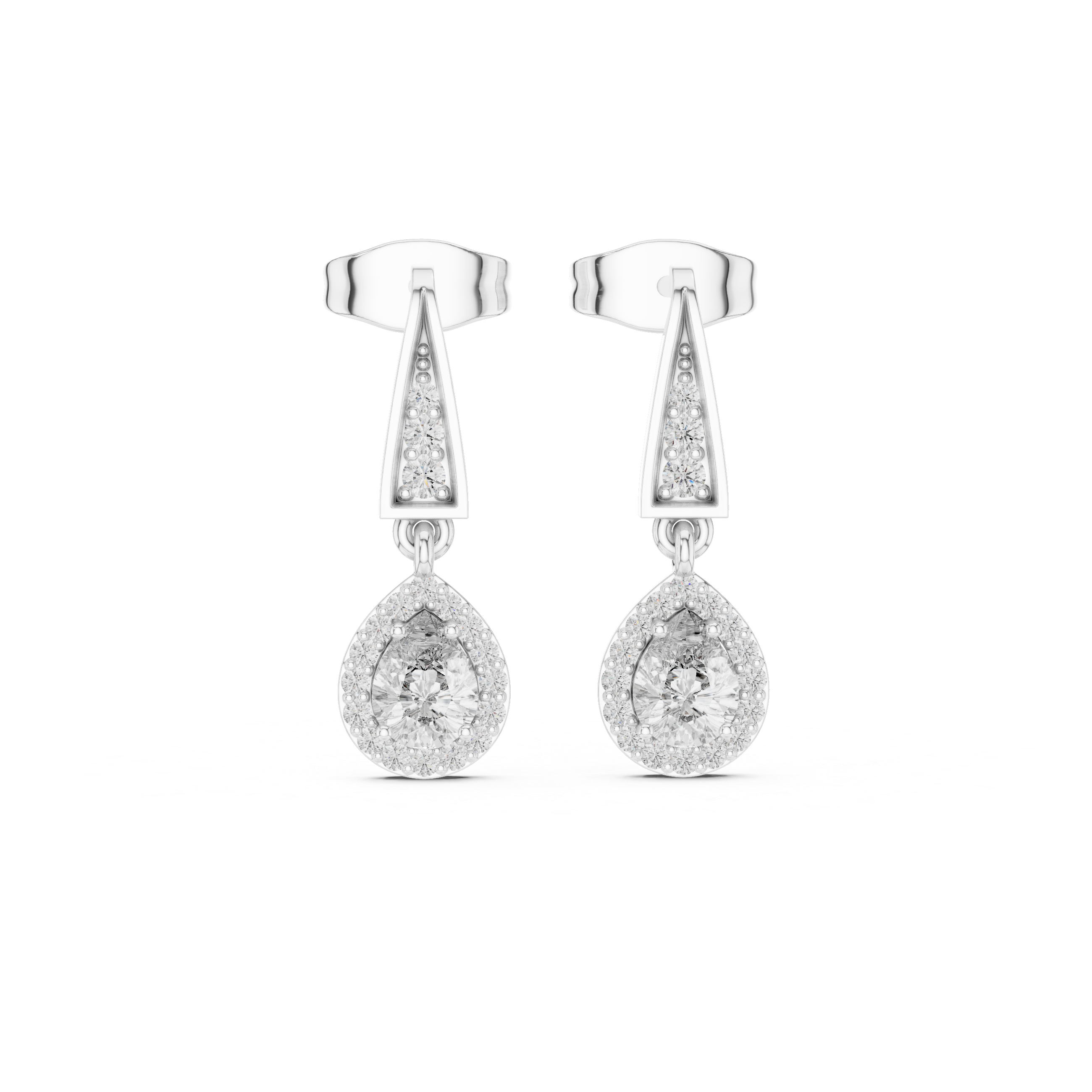 Geometric drop dangle earrings with tapered bar and oval cluster detailing