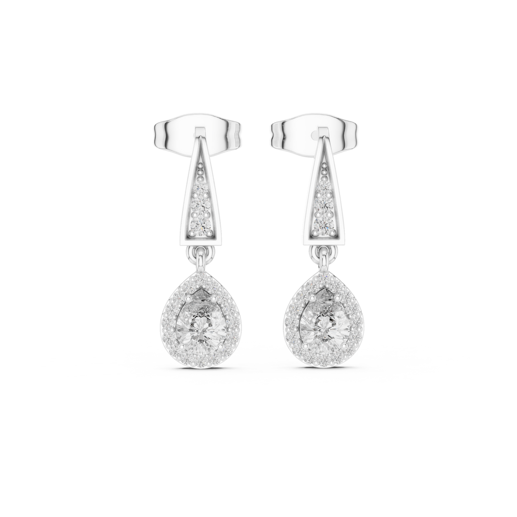 Geometric drop dangle earrings with tapered bar and oval cluster detailing