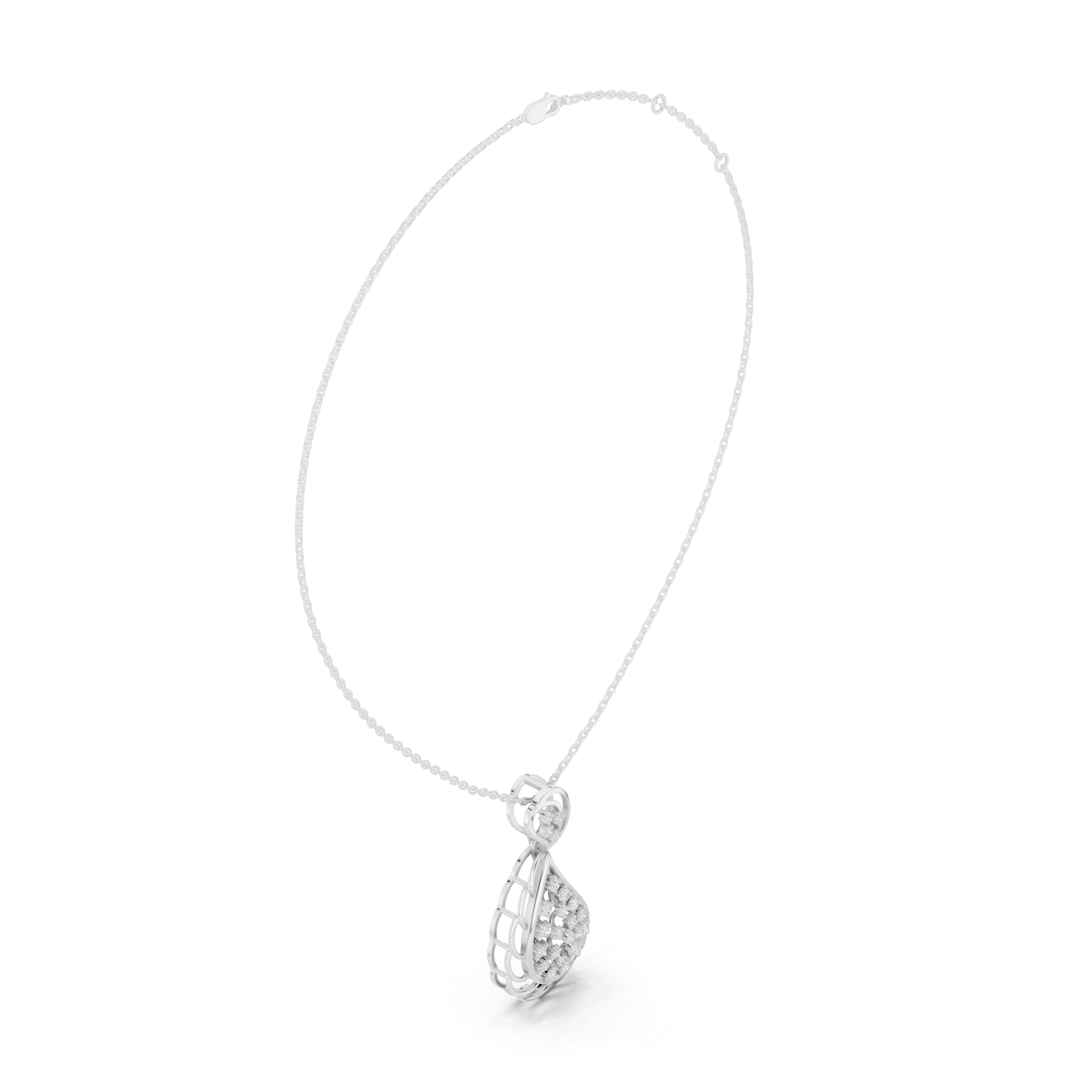 Silver chain necklace with teardrop swirl pendant featuring pavé diamond accents